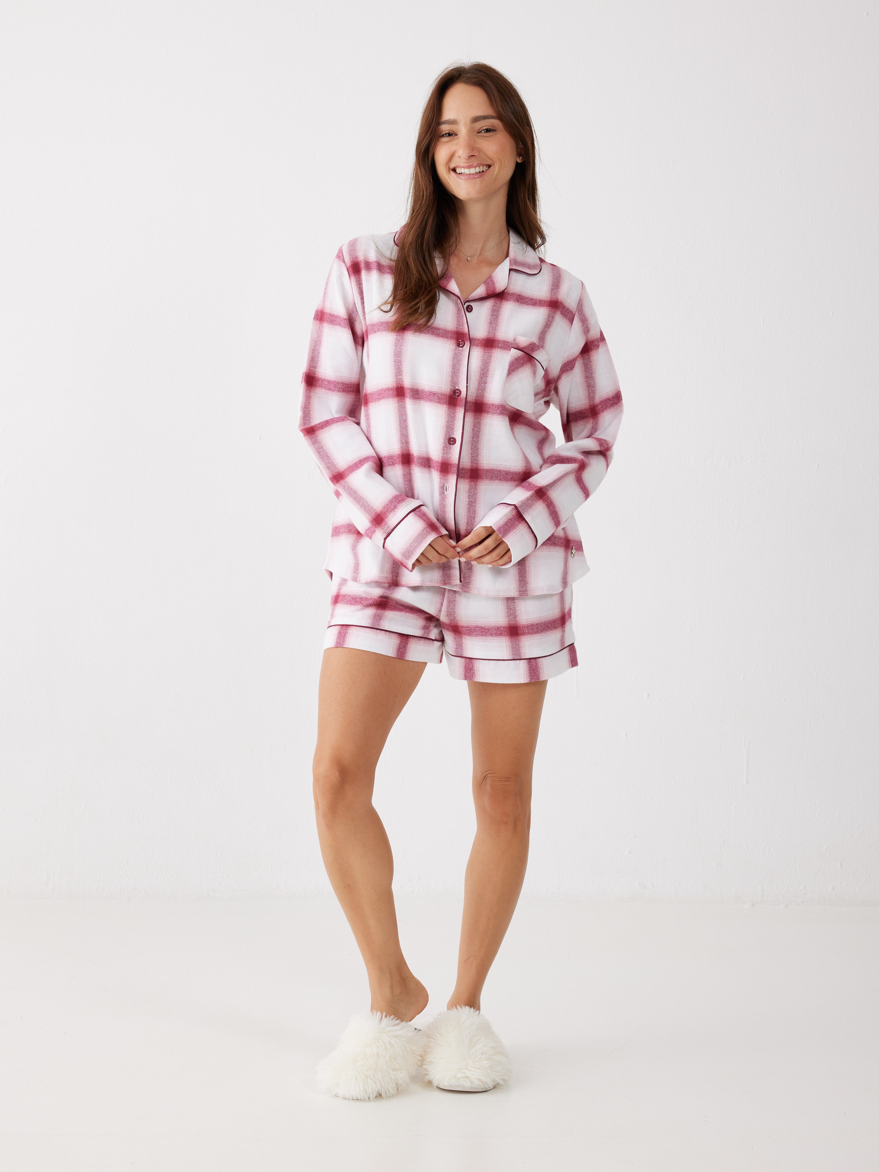 פיג'מה קצרה מכופתרת משבצות פלאנל - בורדו**