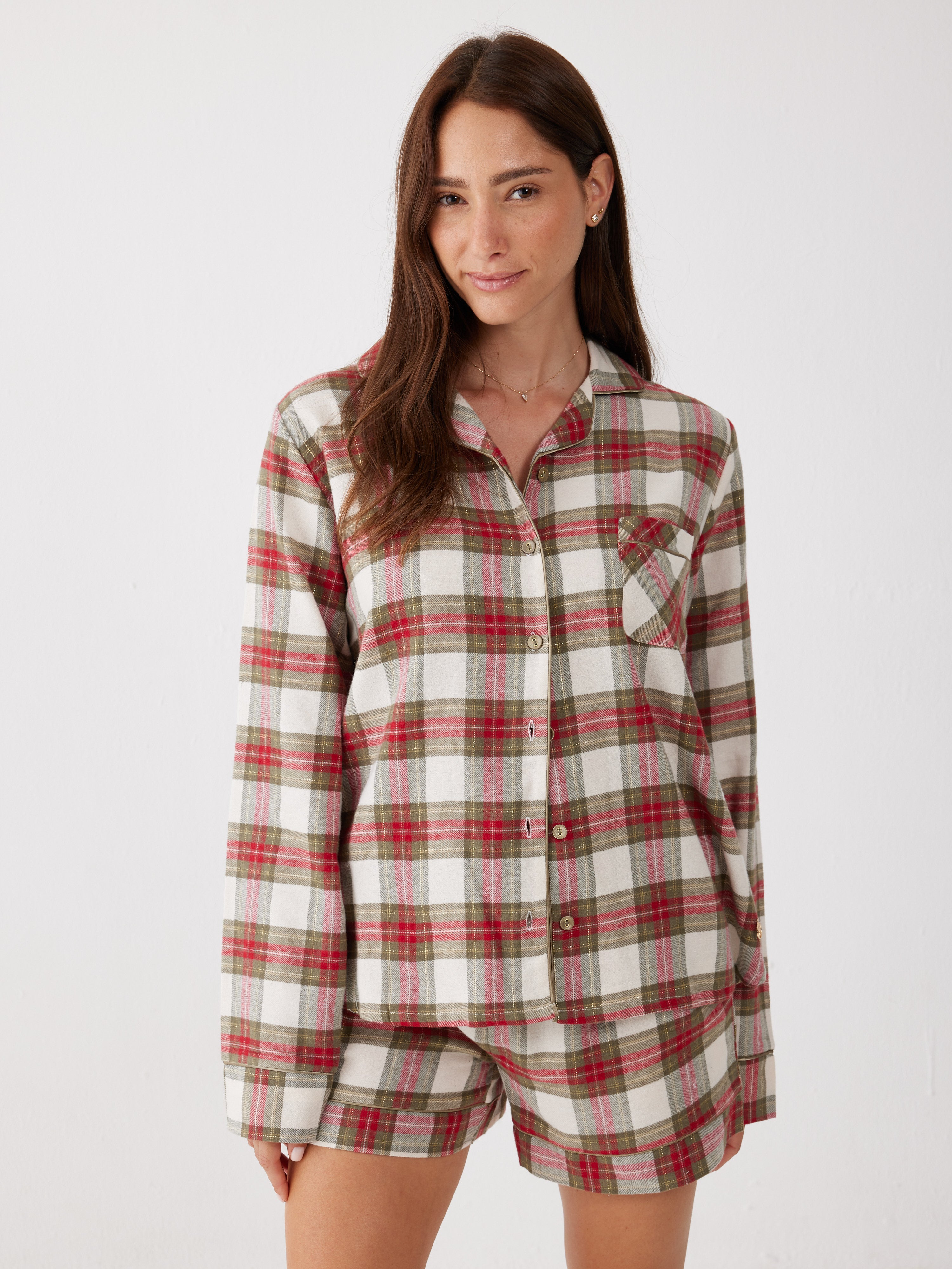 פיג'מה קצרה מכופתרת משבצות פלאנל - ירוק זית