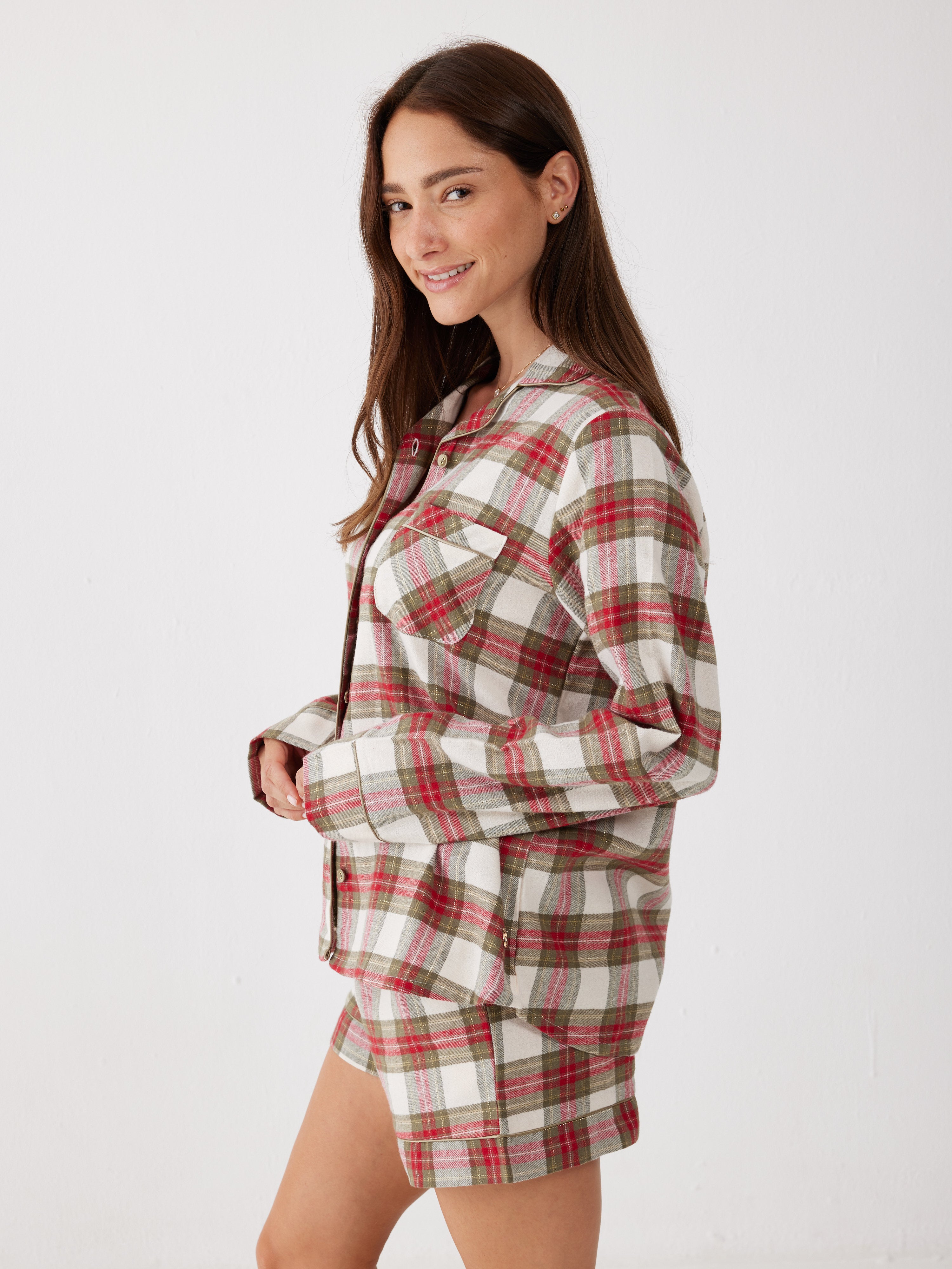 פיג'מה קצרה מכופתרת משבצות פלאנל - ירוק זית