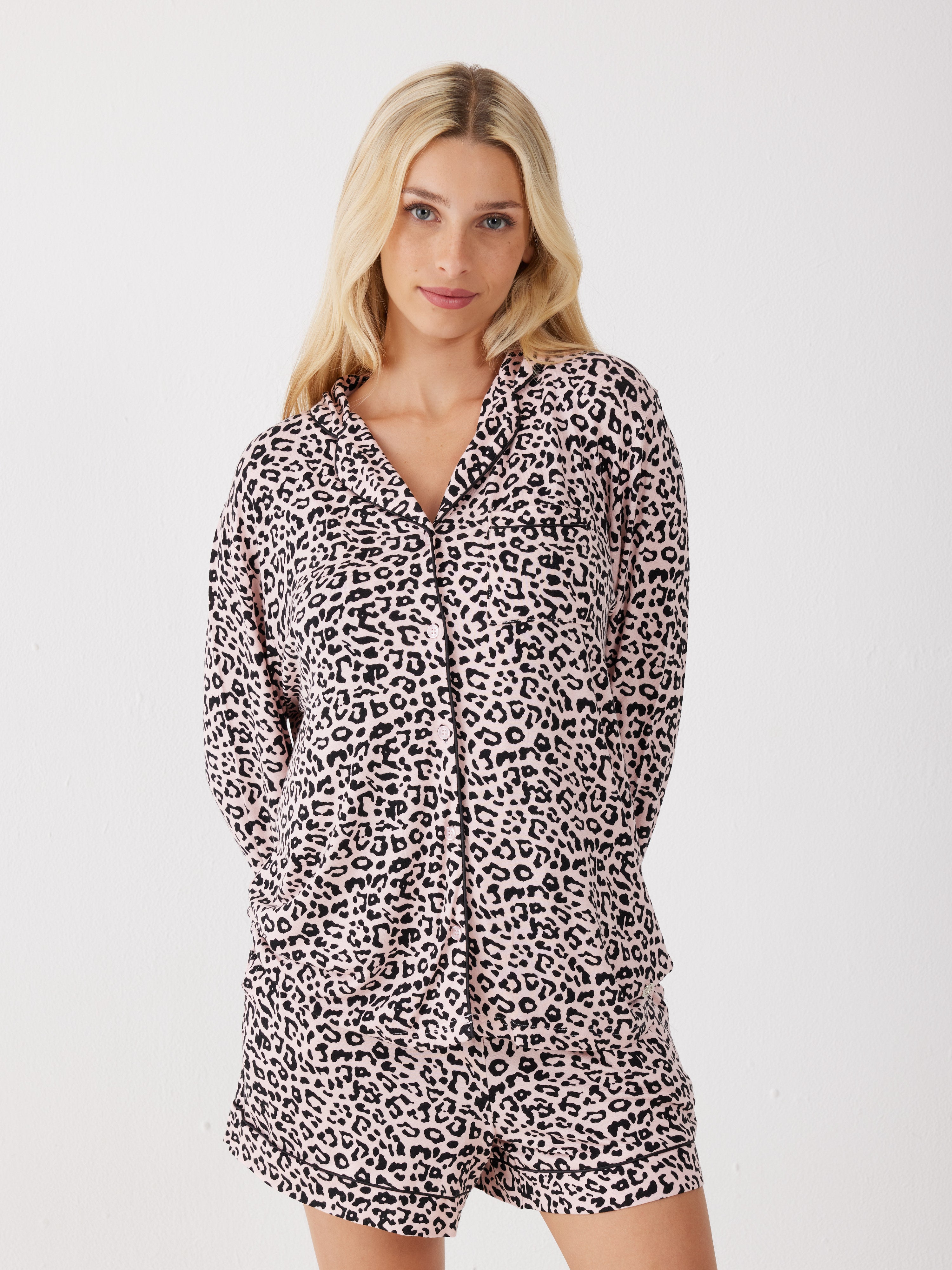 פיג'מה מכופתרת מ.קצר מנומרת ויסקוזה - ורוד