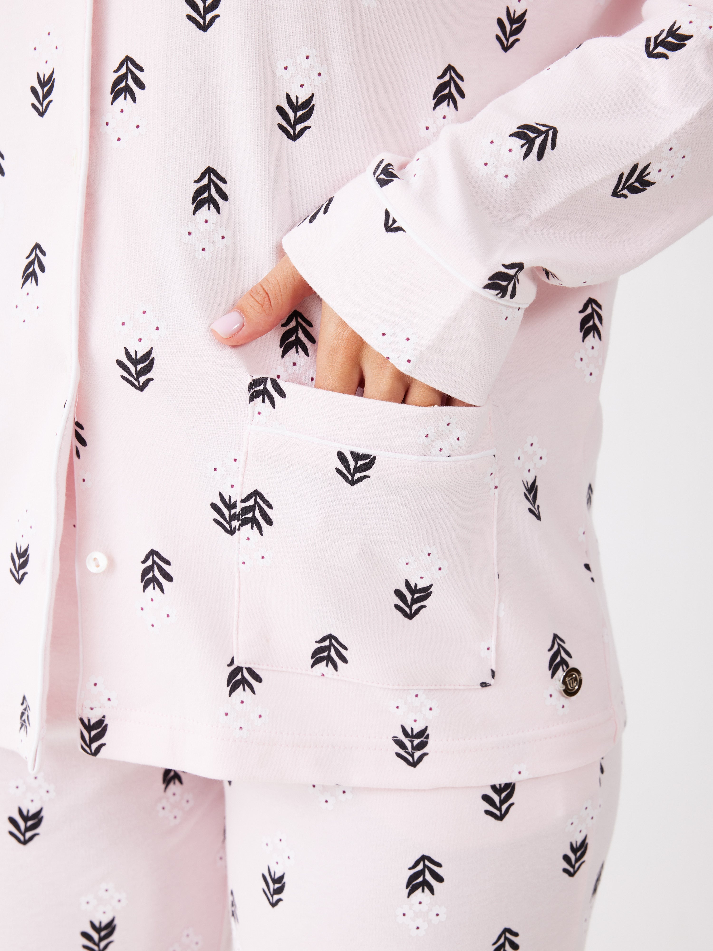 פיג'מה מכופתרת פרחים 100% כותנה - ורוד