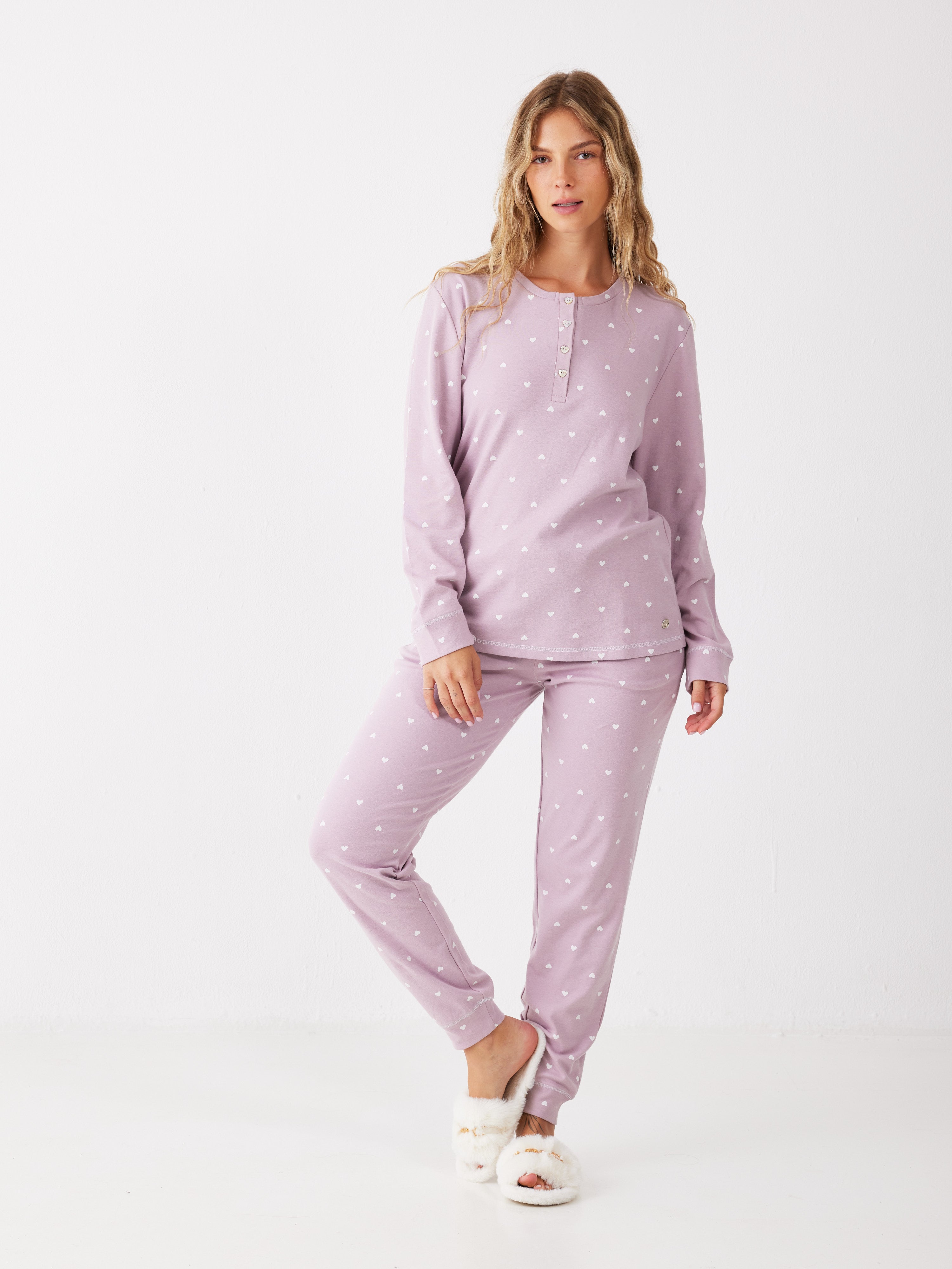 פיג'מה לבבות כותנה 100% - סגול