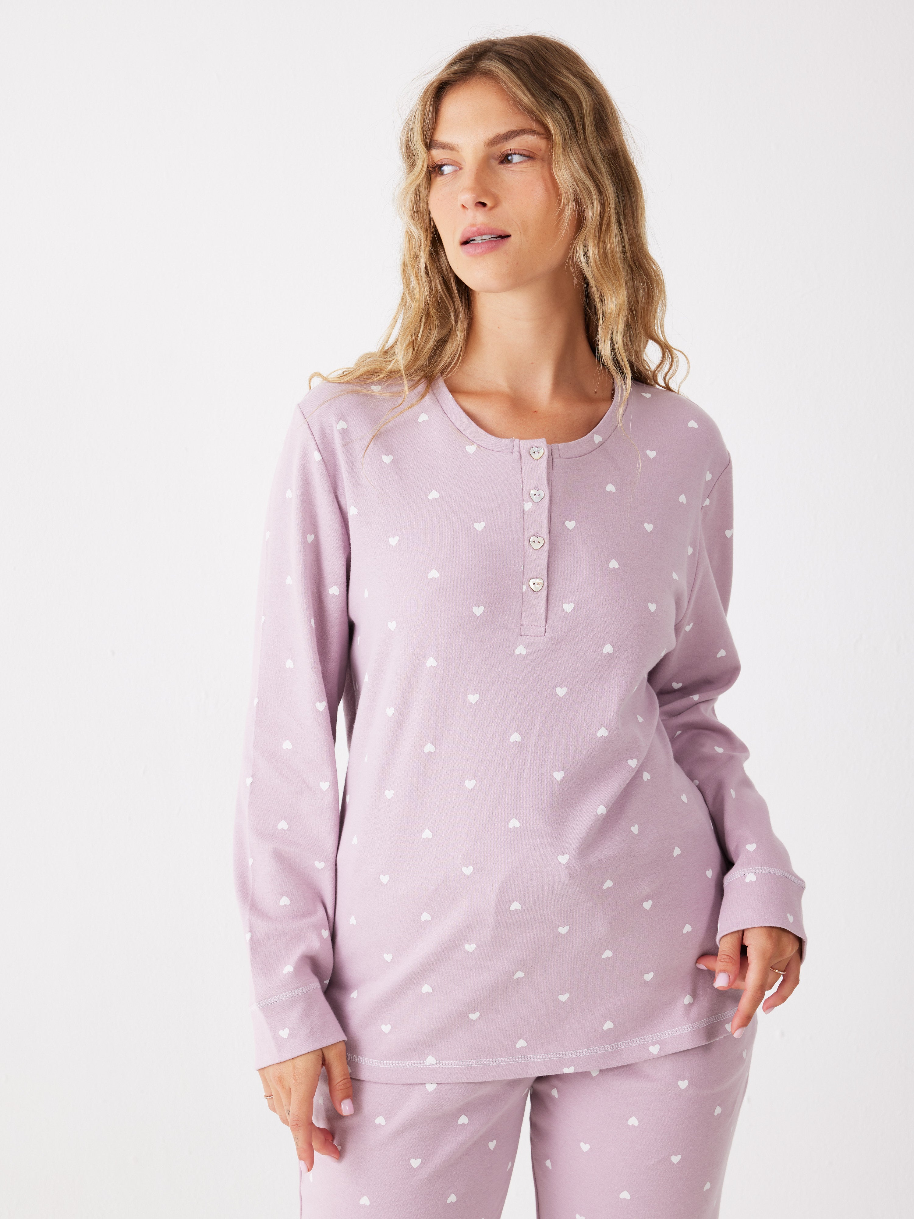 פיג'מה לבבות כותנה 100% - סגול