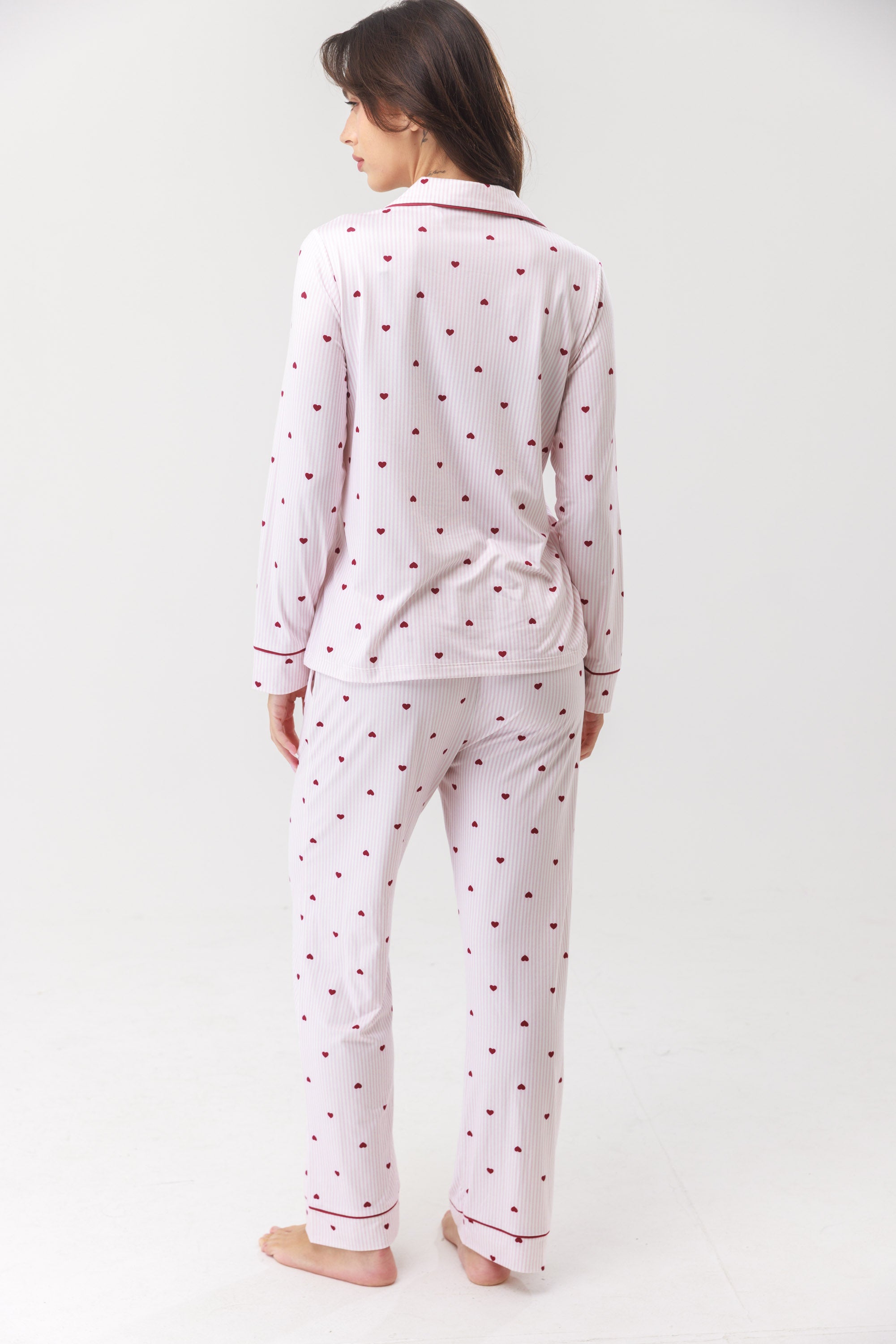סט פיג'מה מכופתרת ריב יאמי לבבות - ורוד