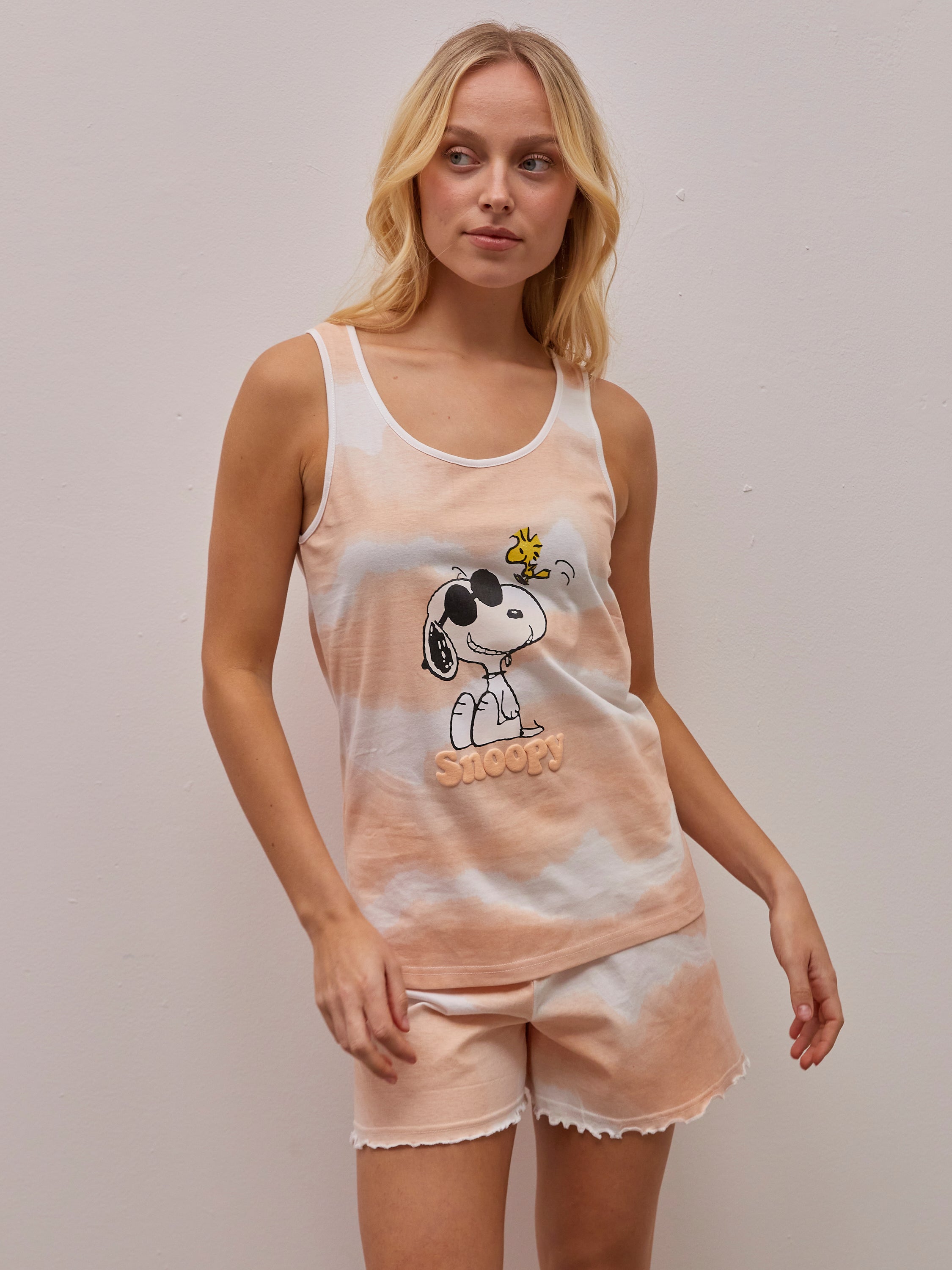 פיג'מה גופייה סנופי בשמש כותנה - אפרסק