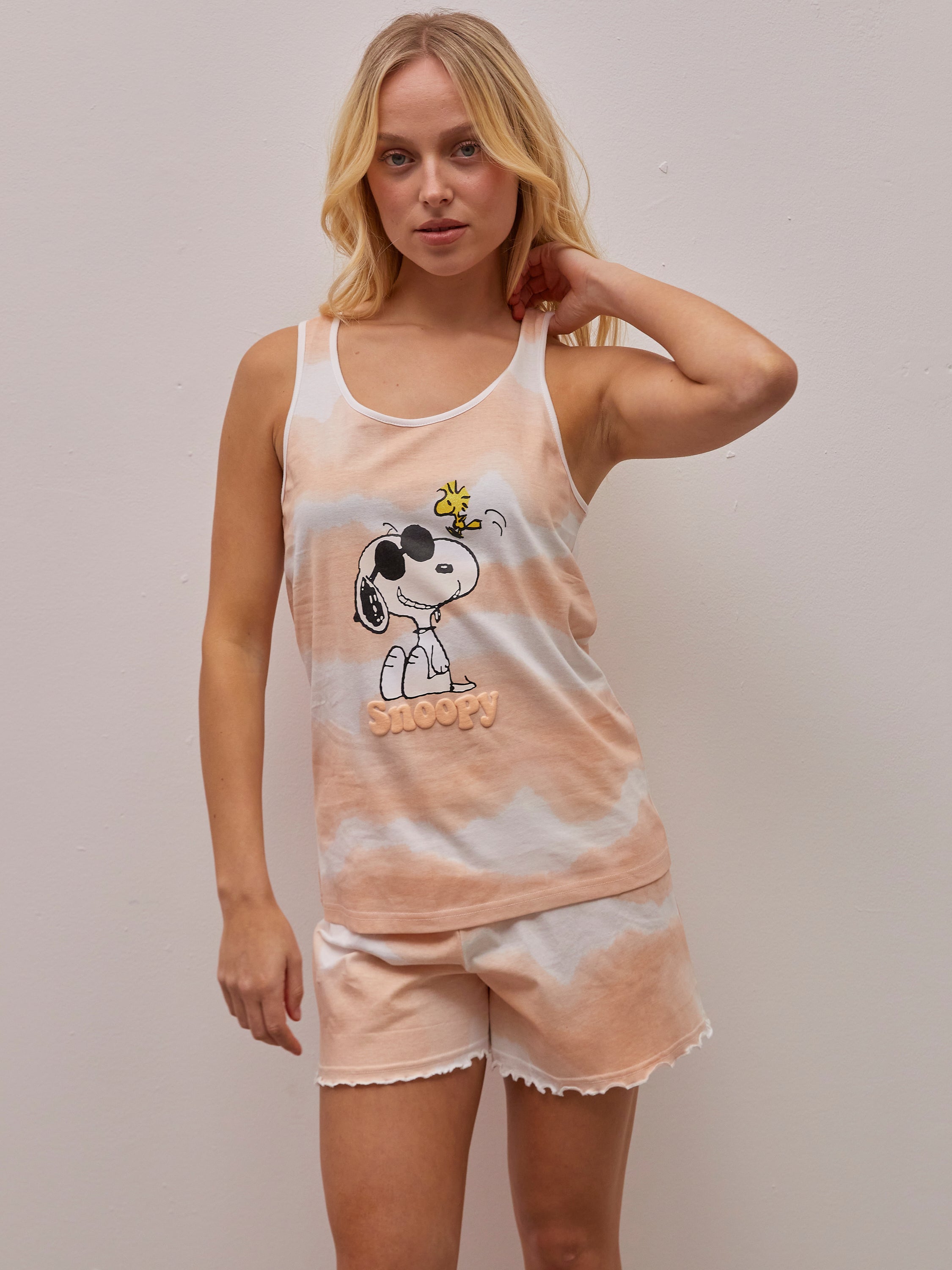 פיג'מה גופייה סנופי בשמש כותנה - אפרסק