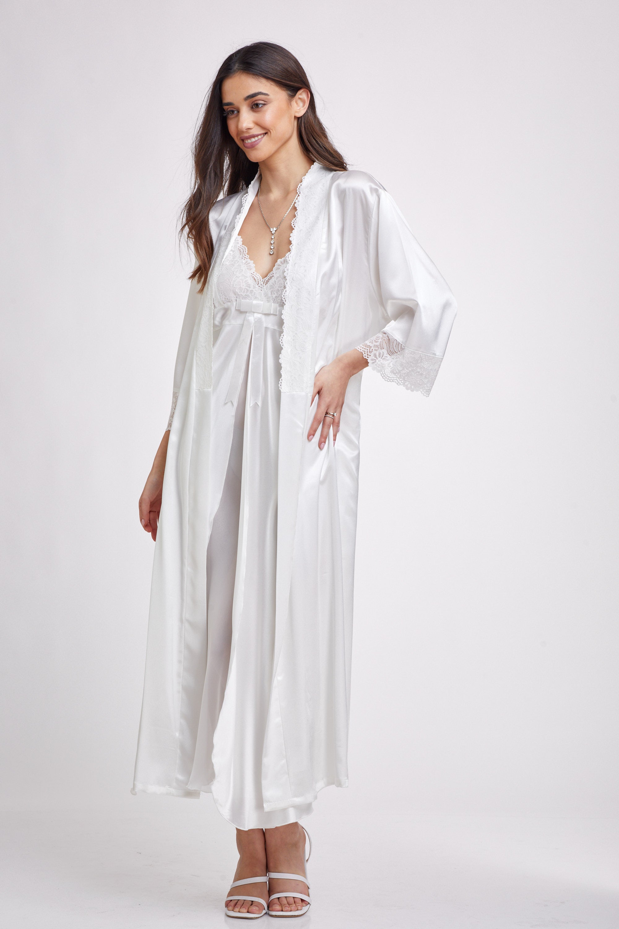 סט מקסי 2 חלקים - כותונת + חלוק - שמנת