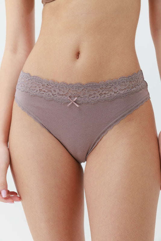 תחתון היי לג כותנה +תחרה צבע קפה