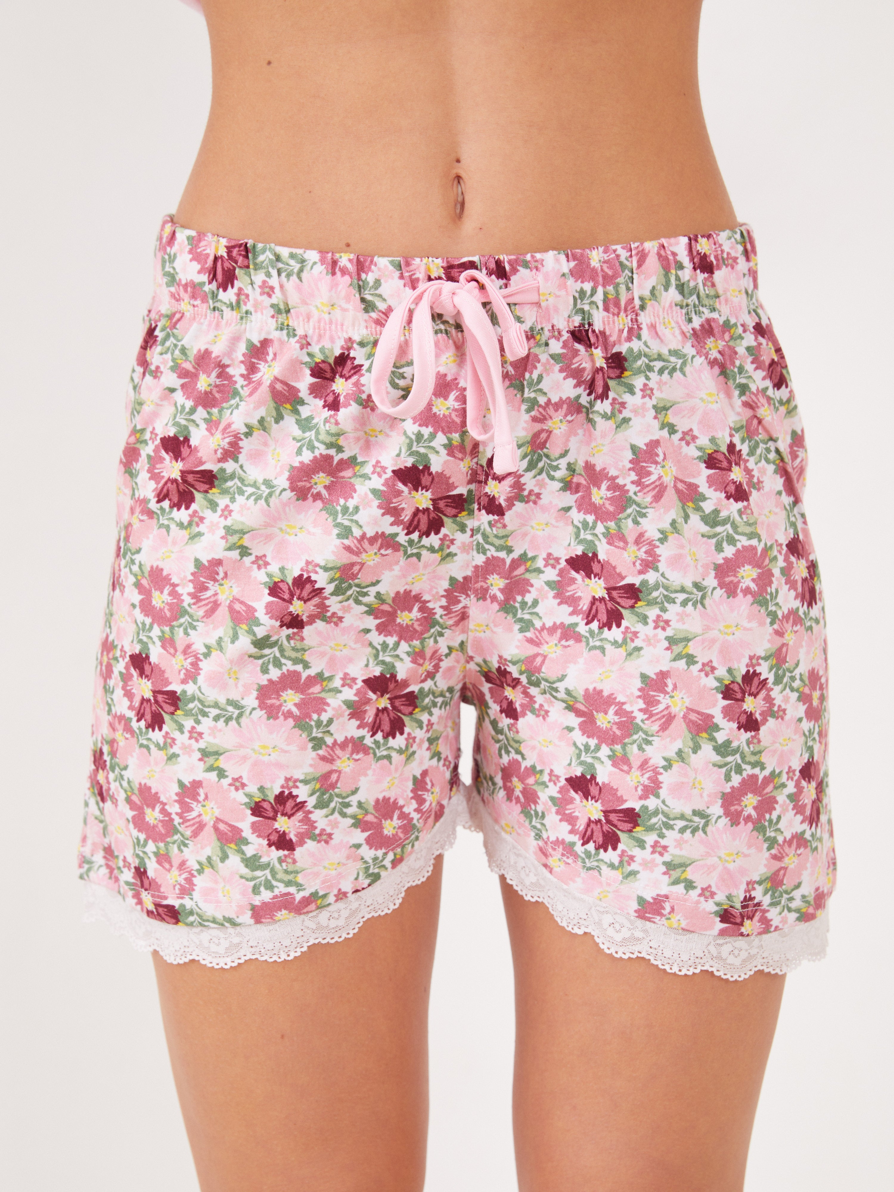 פיג'מה קצרה פרחונית כותנה - ורוד