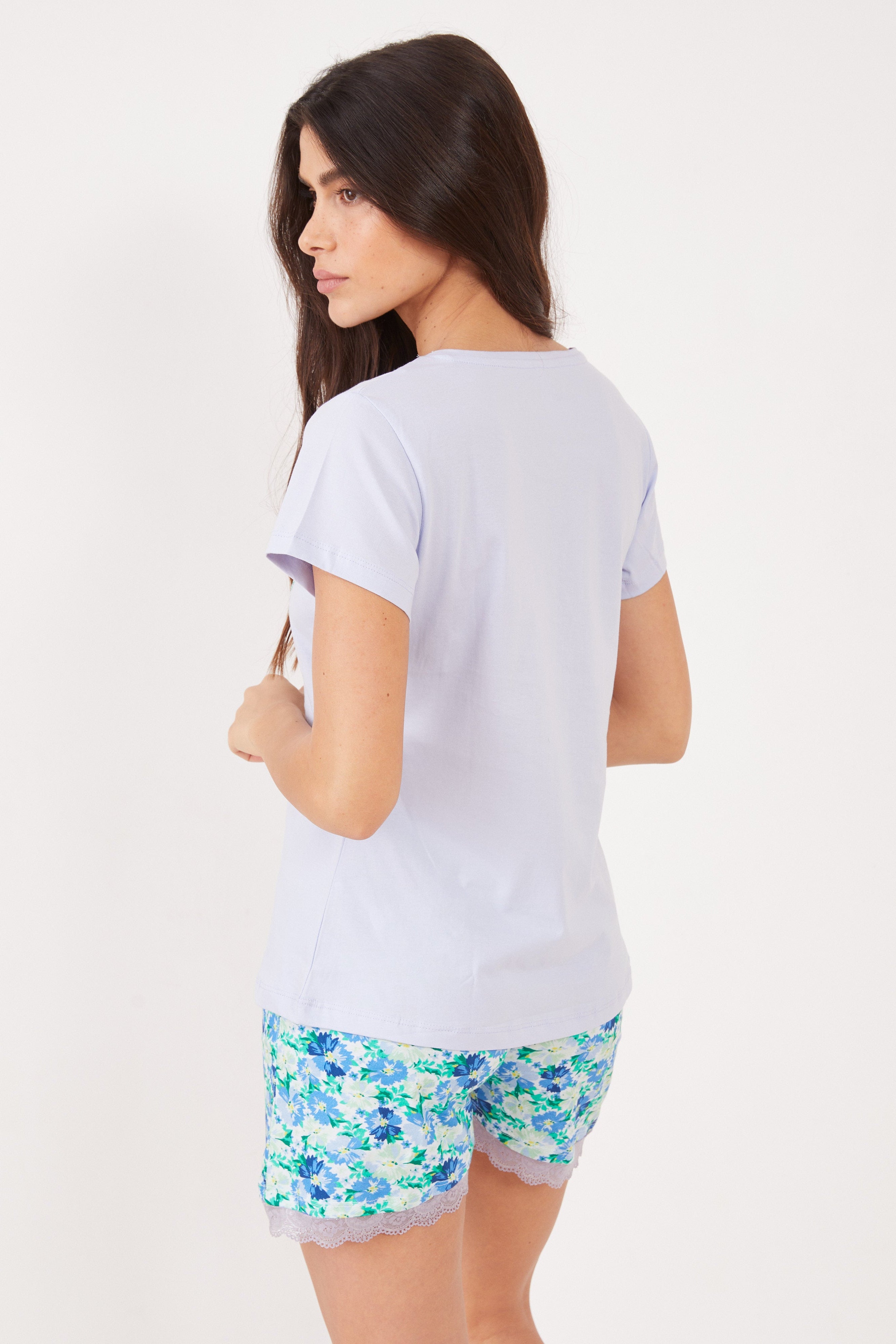 פיג'מה קצרה פרחונית 100% כותנה - תכלת