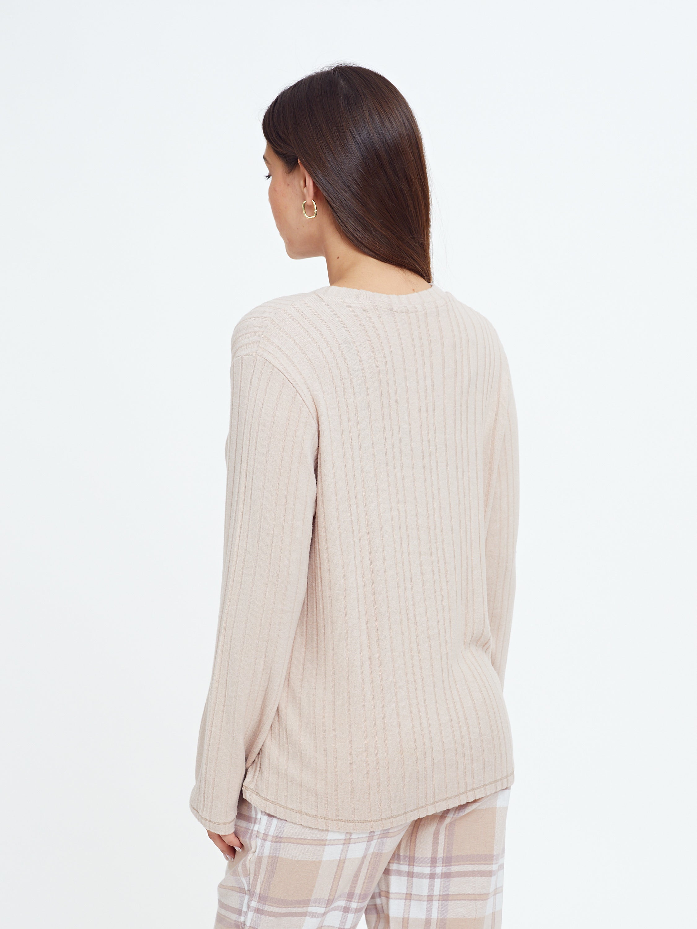 פיג'מה ריב ויסקוזה מכנס משבצות - בז