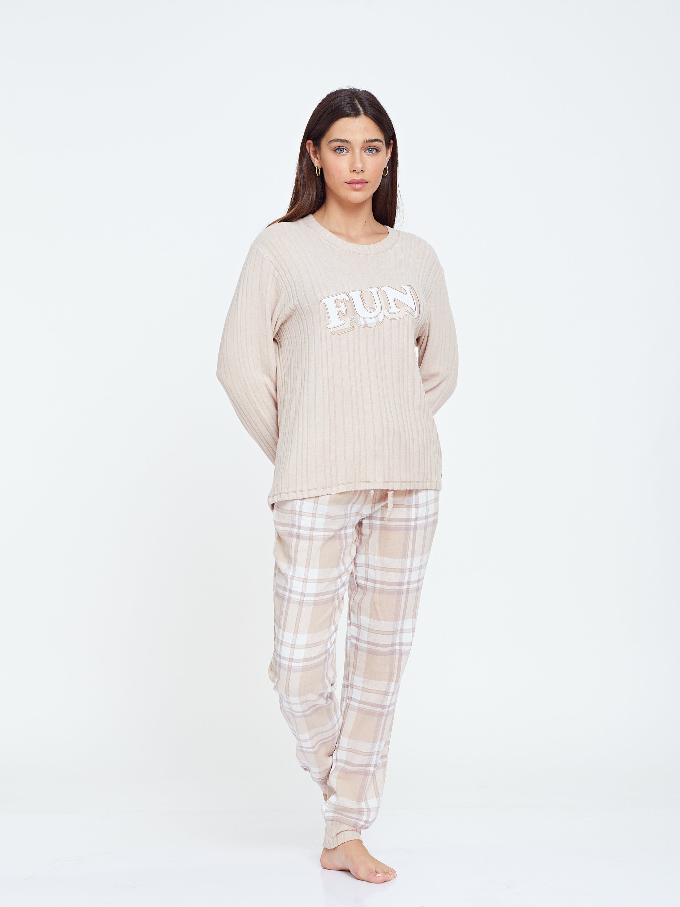 פיג'מה ריב ויסקוזה מכנס משבצות - בז