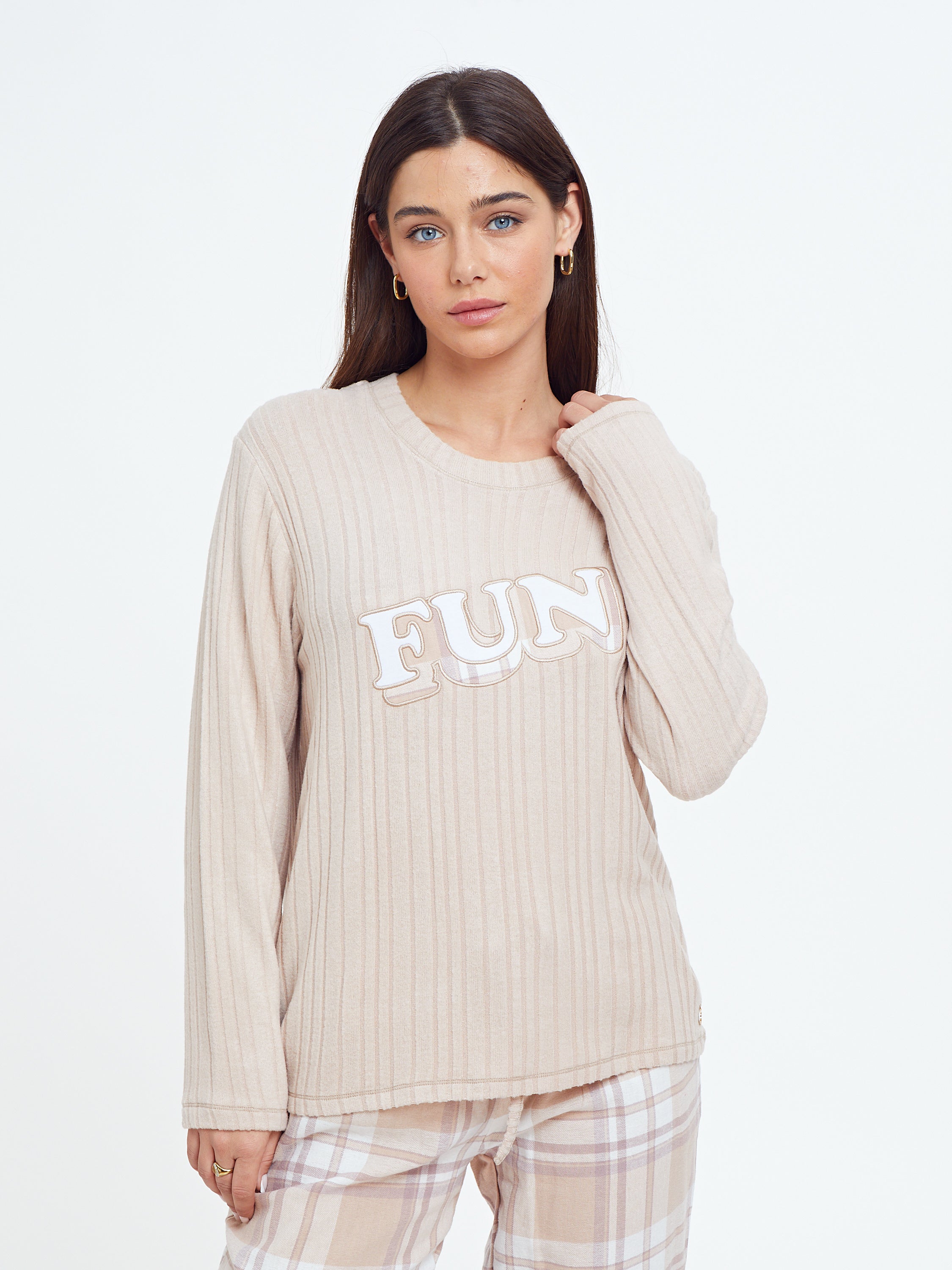 פיג'מה ריב ויסקוזה מכנס משבצות - בז