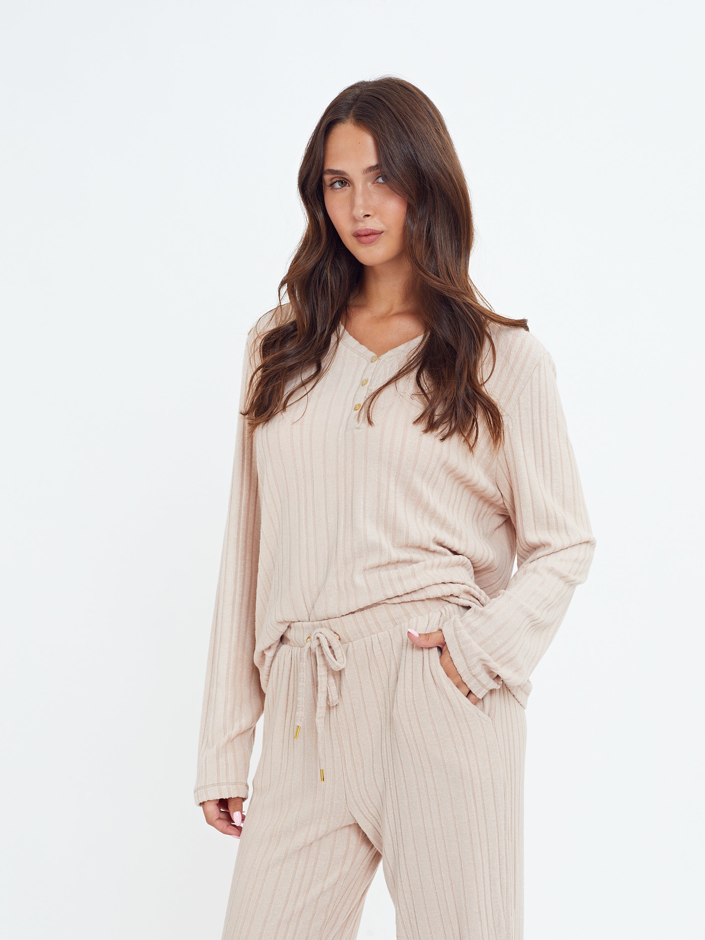 פיג'מה קלאסית ריב ויסקוזה - בז