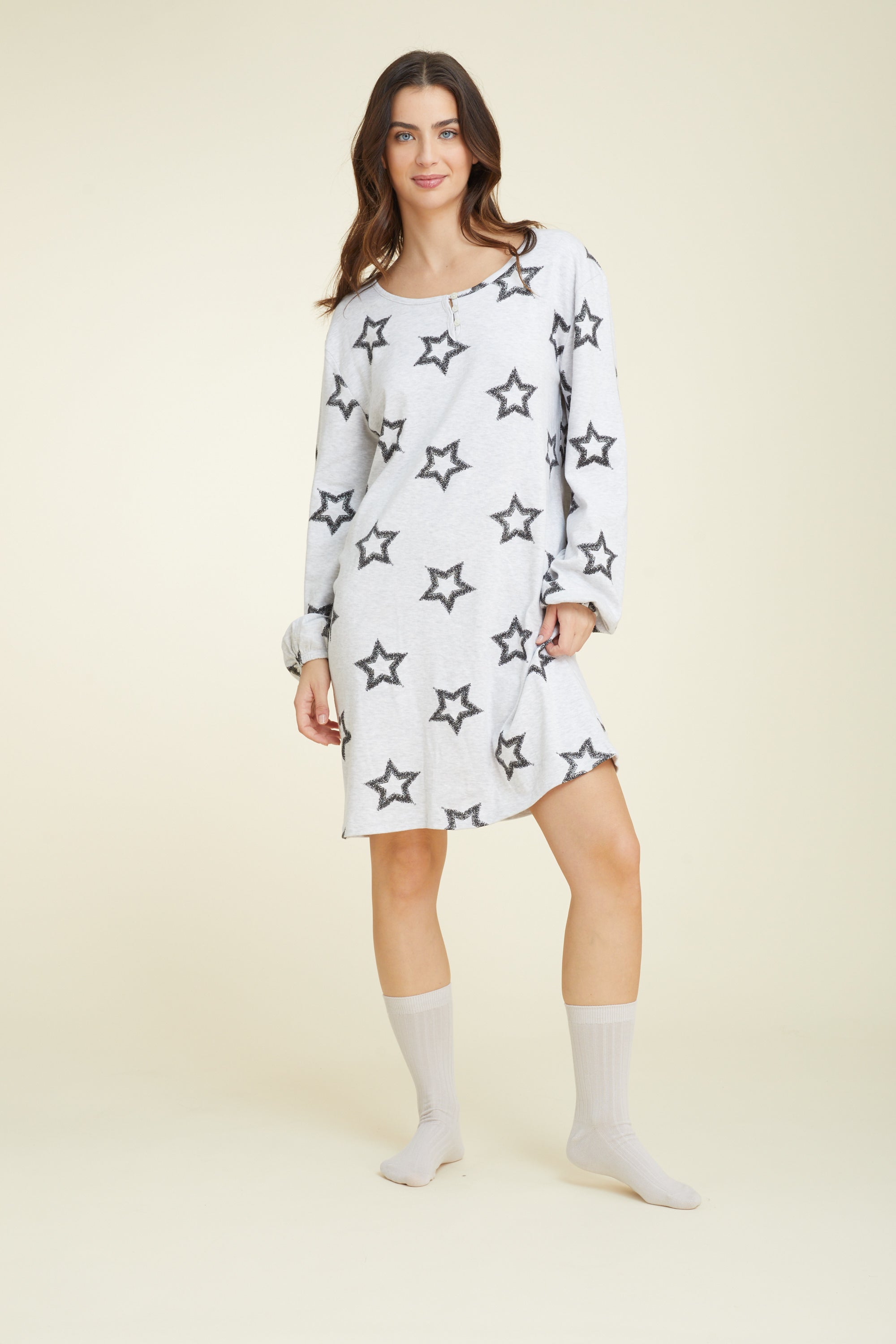 כותונת לילה בד כותנה הדפס כוכבים - אפור