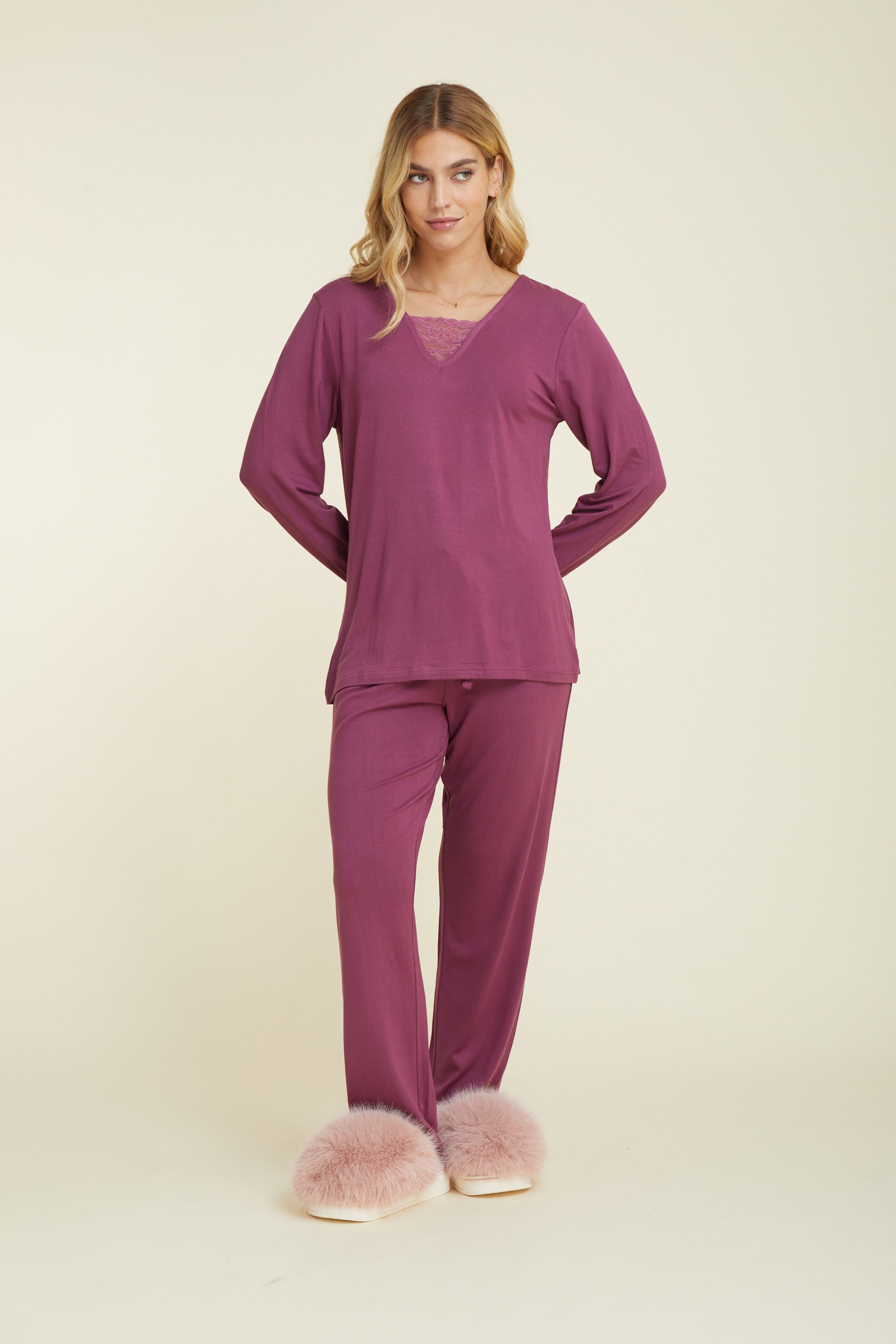 סט פיג'מה ויסקוזה - בורדו