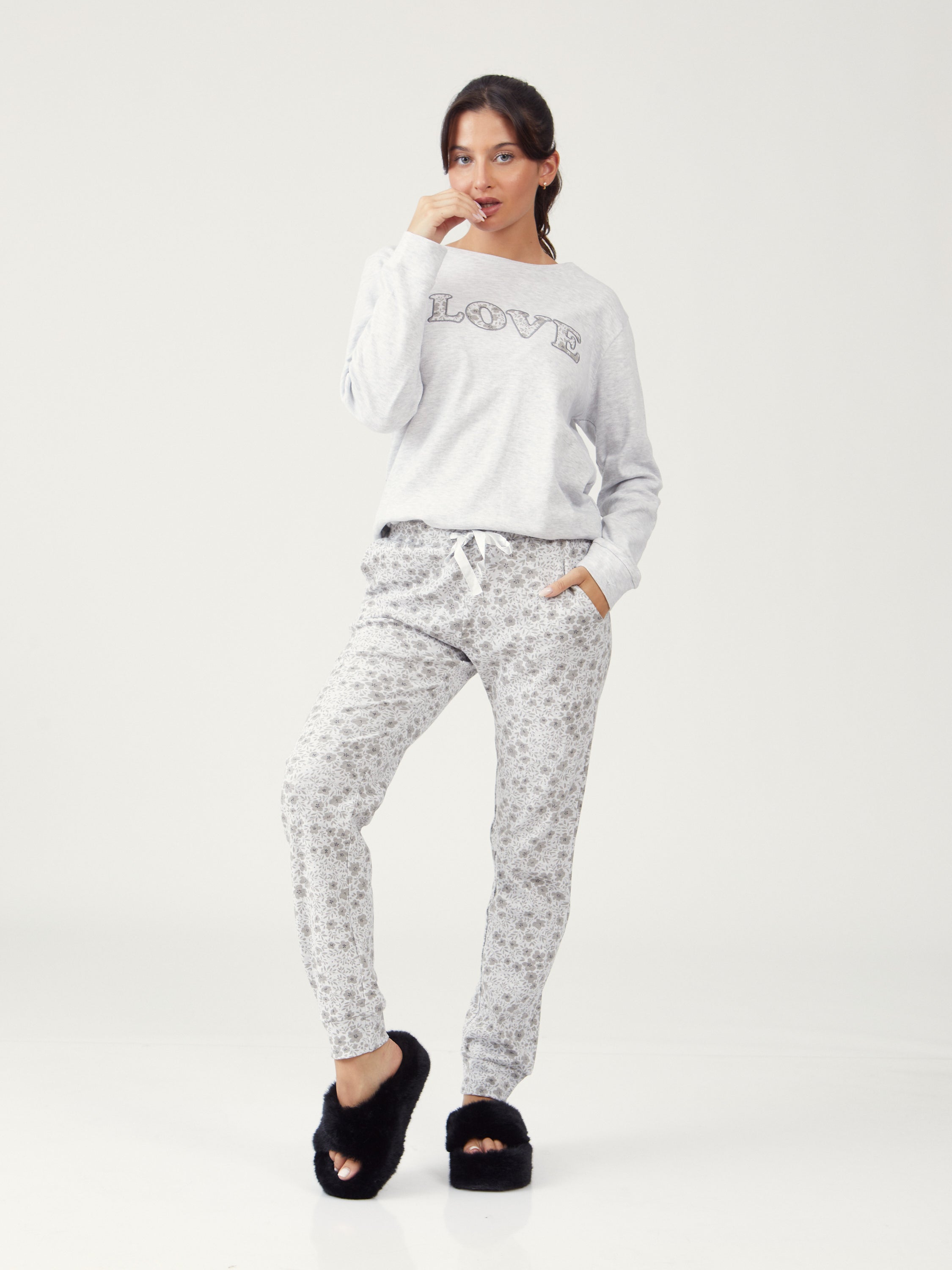 פיג'מת אינטרלוק 100% כותנה - אפור מלאנז