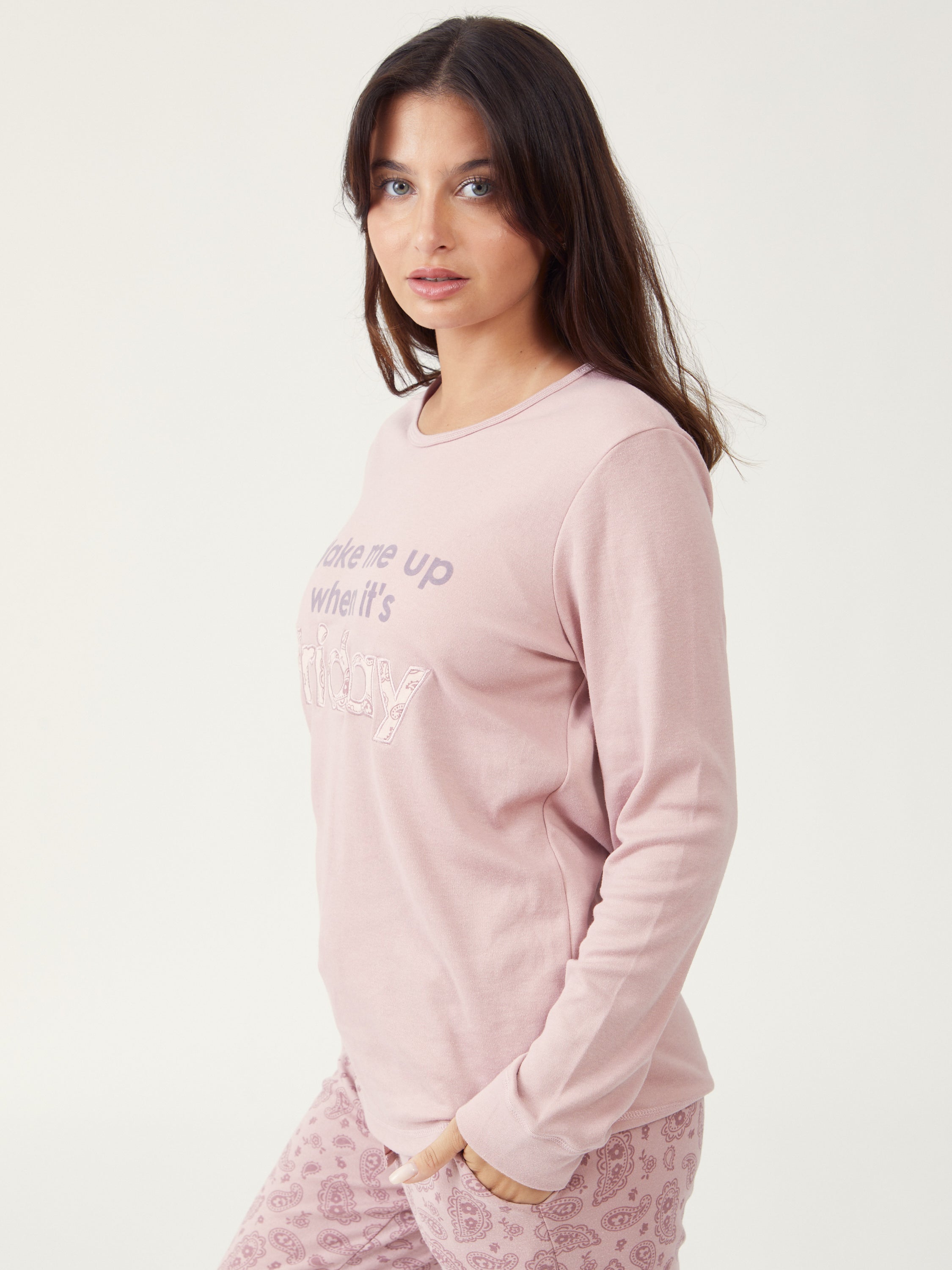 סט פיג'מת כיתוב - ורוד