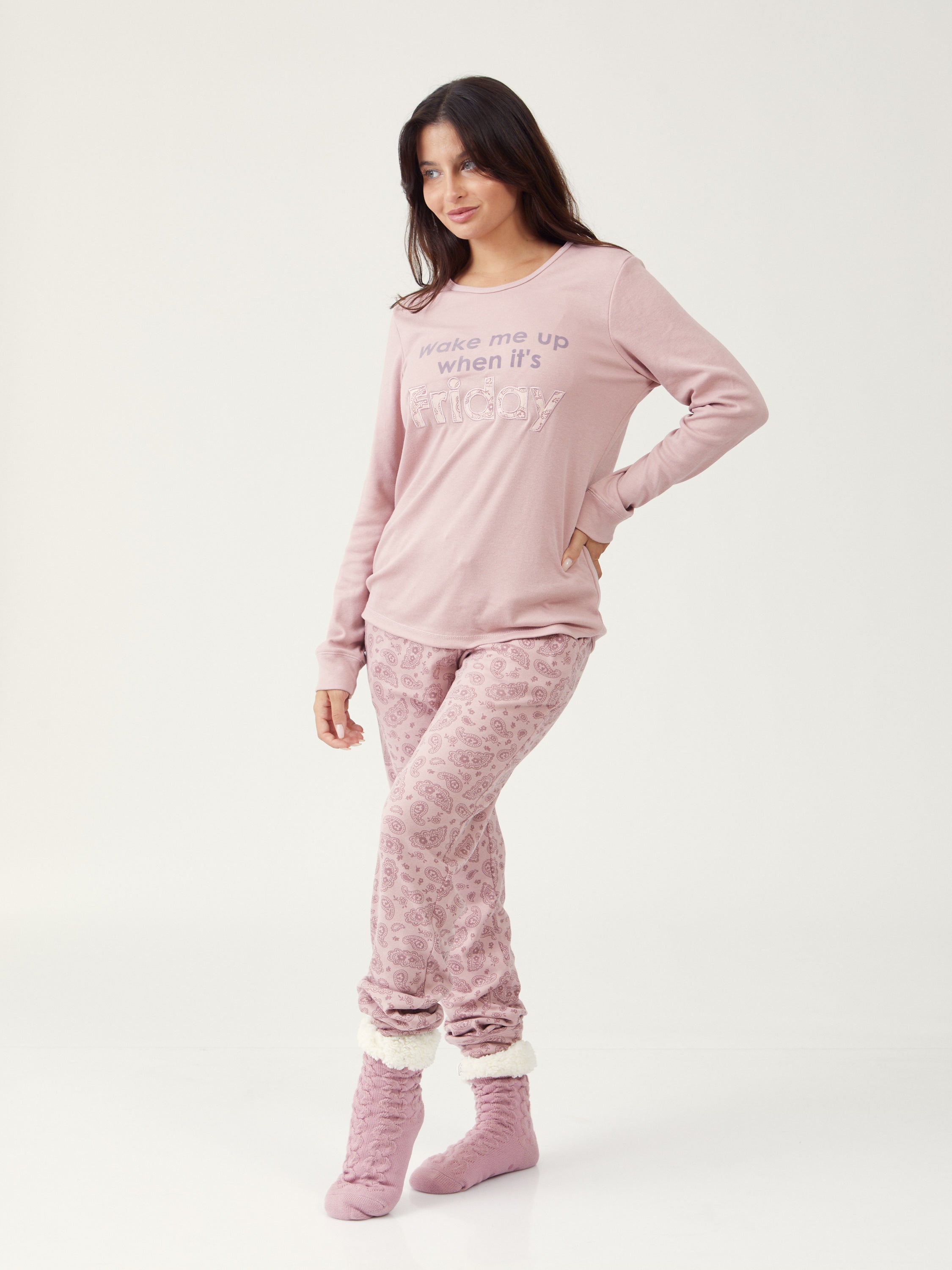 סט פיג'מת כיתוב - ורוד