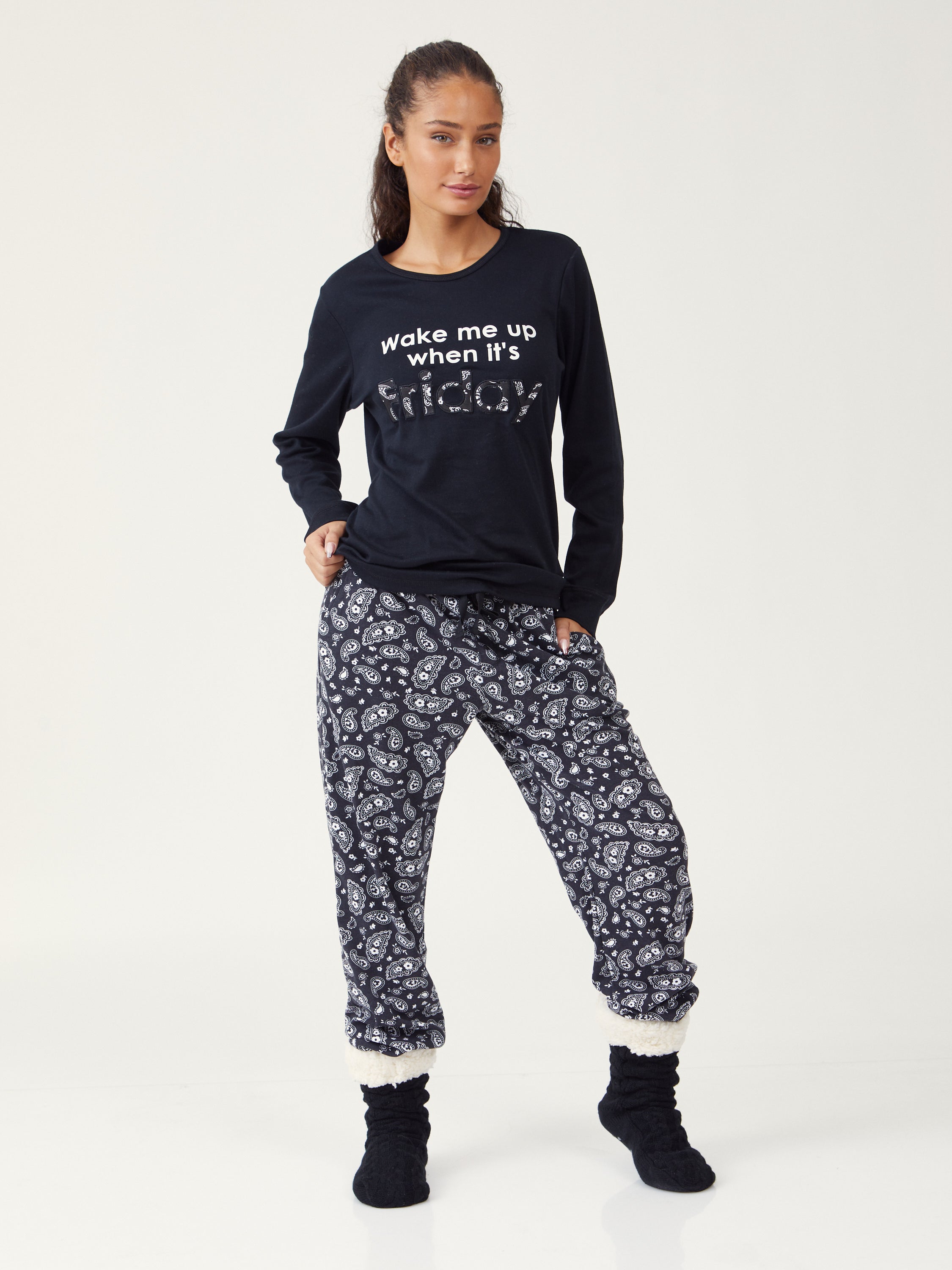 סט פיג'מת כיתוב - שחור