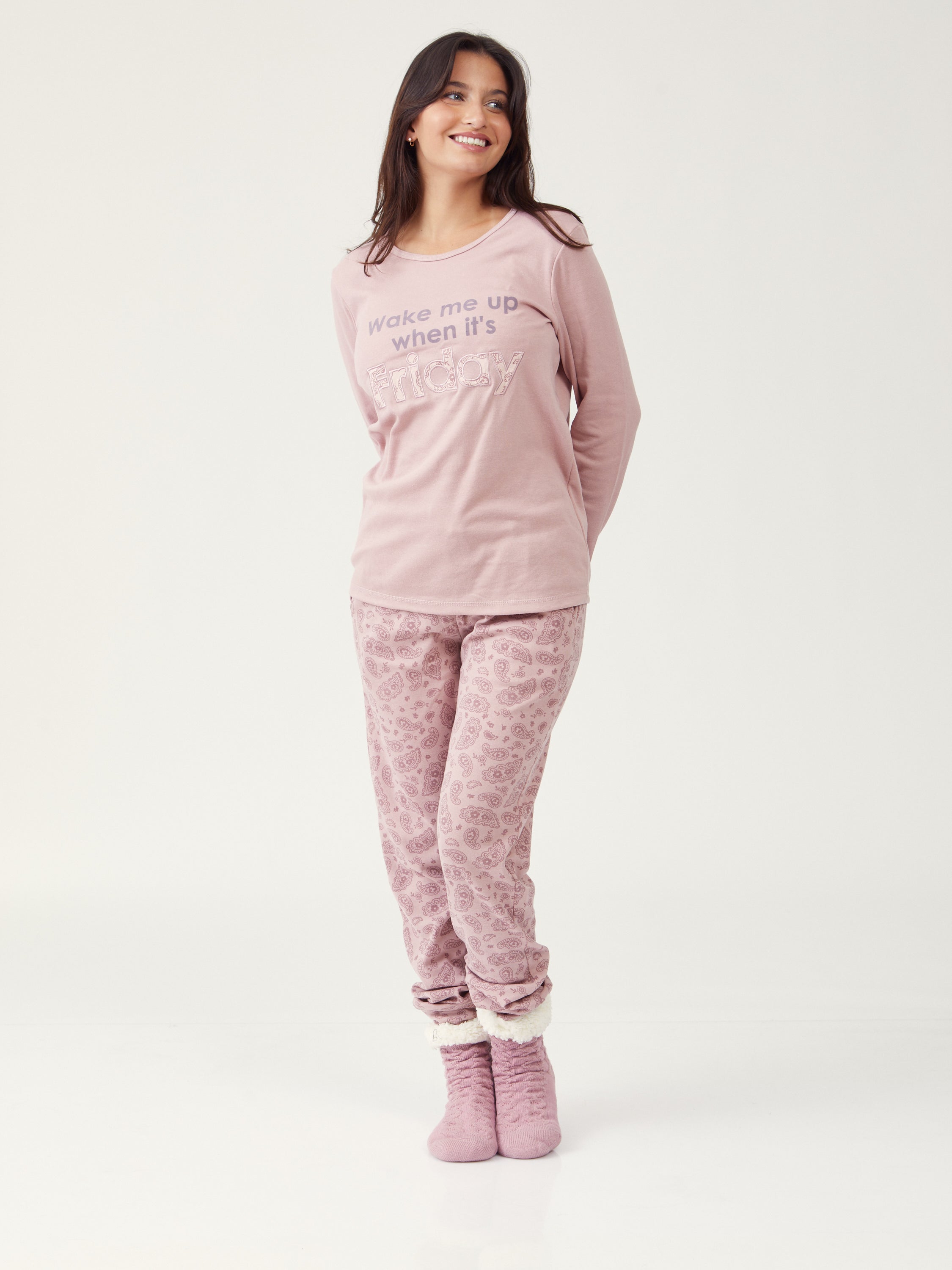 סט פיג'מת כיתוב - ורוד