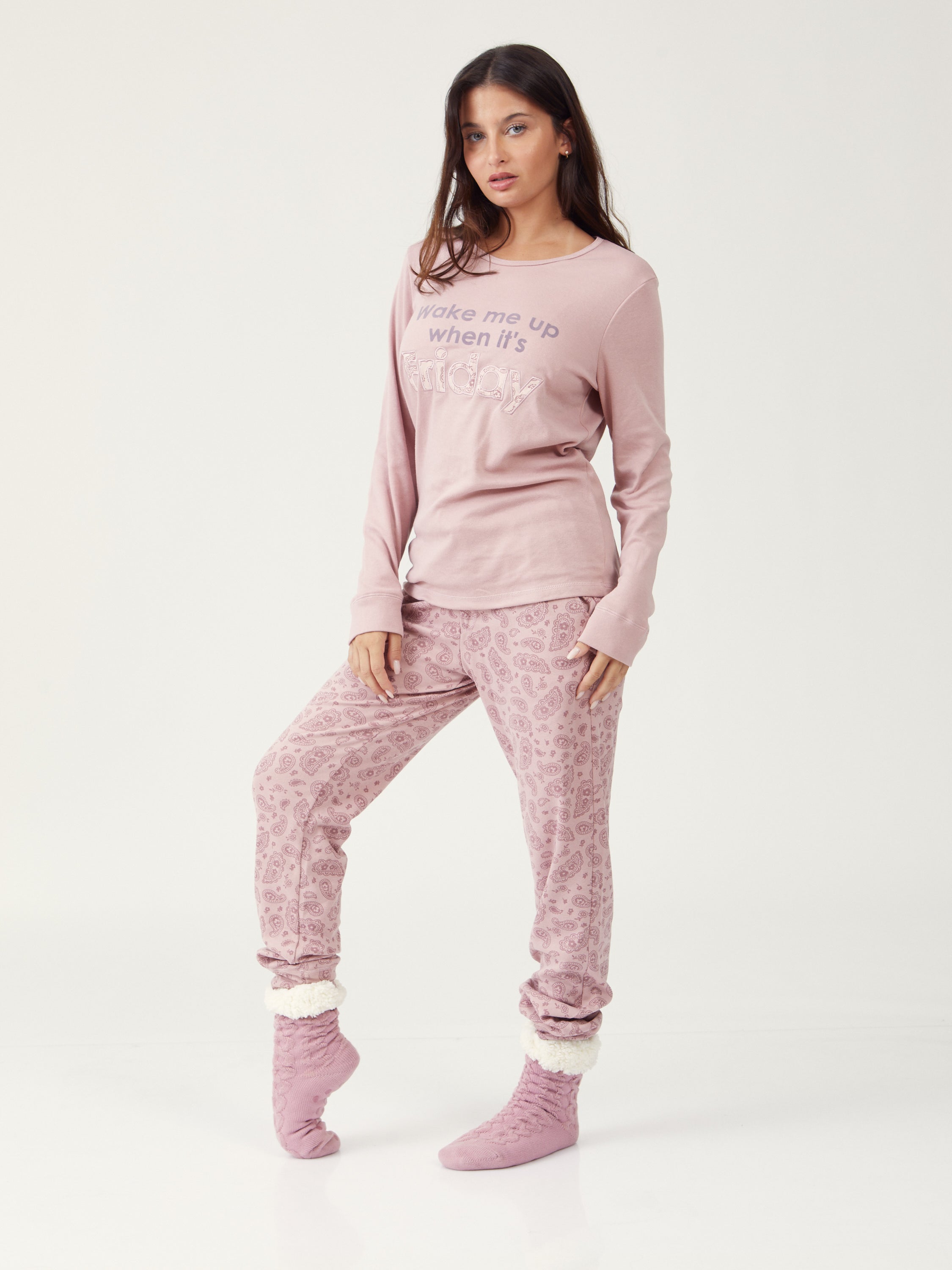 סט פיג'מת כיתוב - ורוד