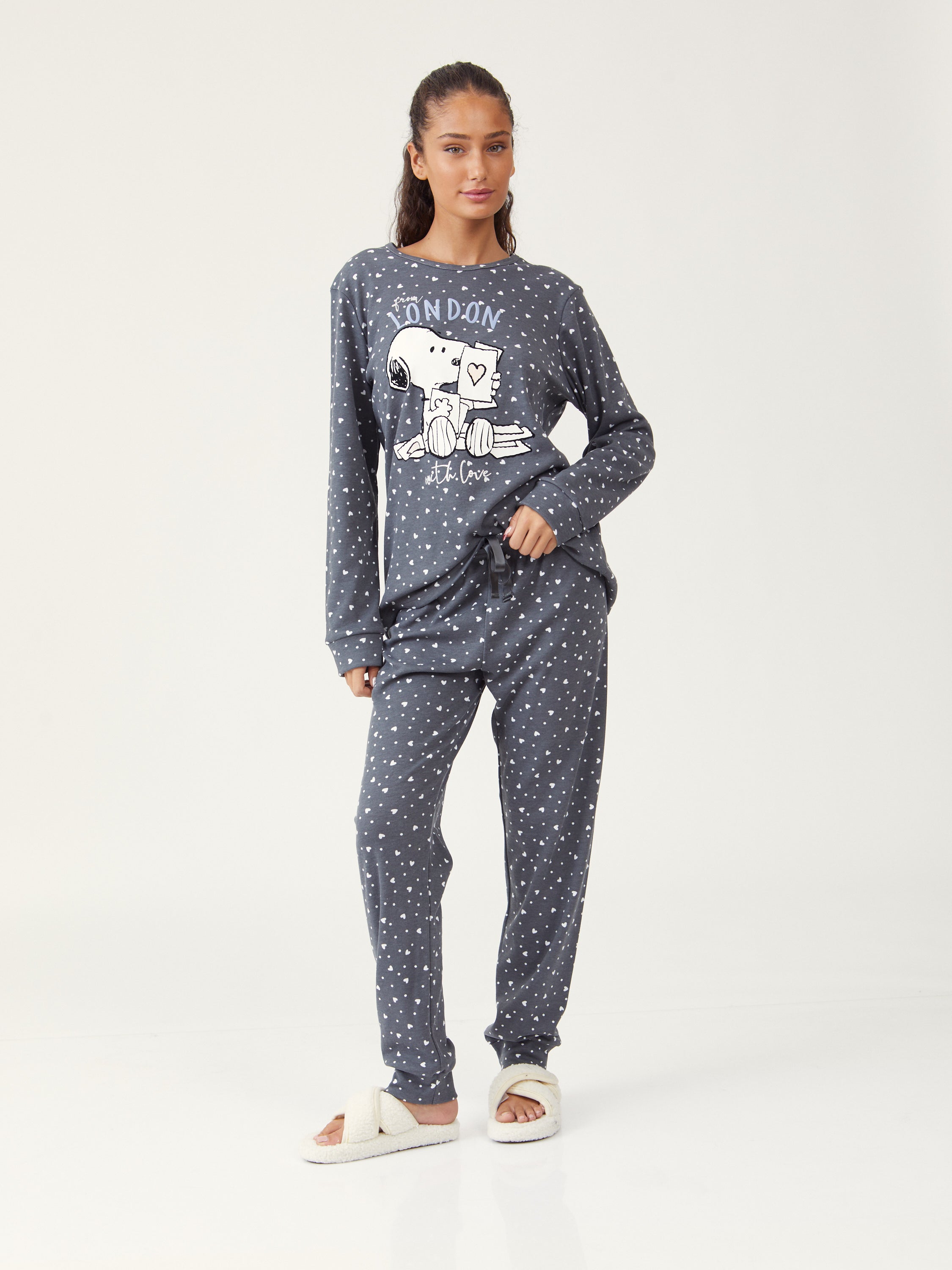 פיג'מת סנופי אינטרלוק - אפור כהה