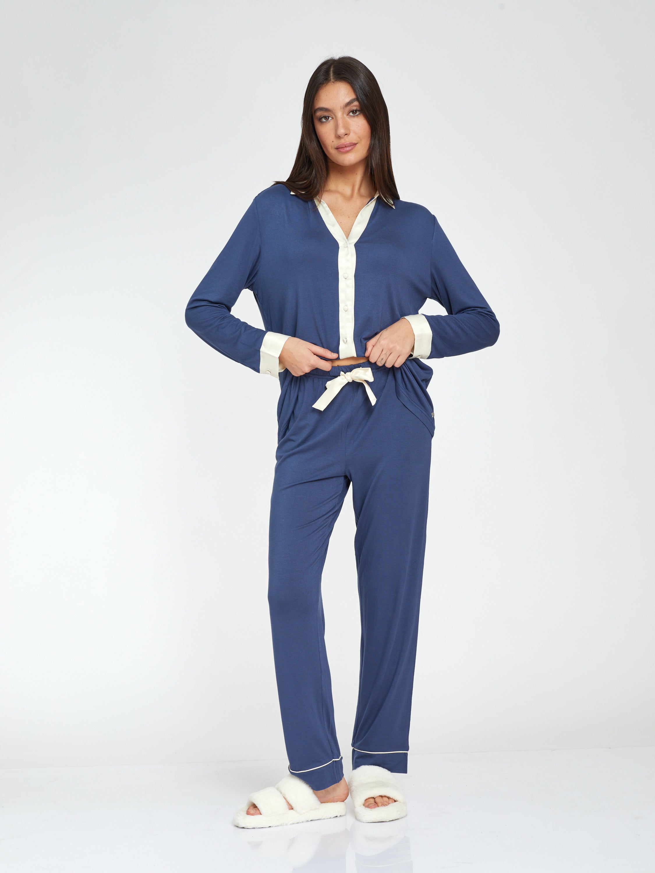 פיג'מה מכופתרת ויסקוזה - כחול