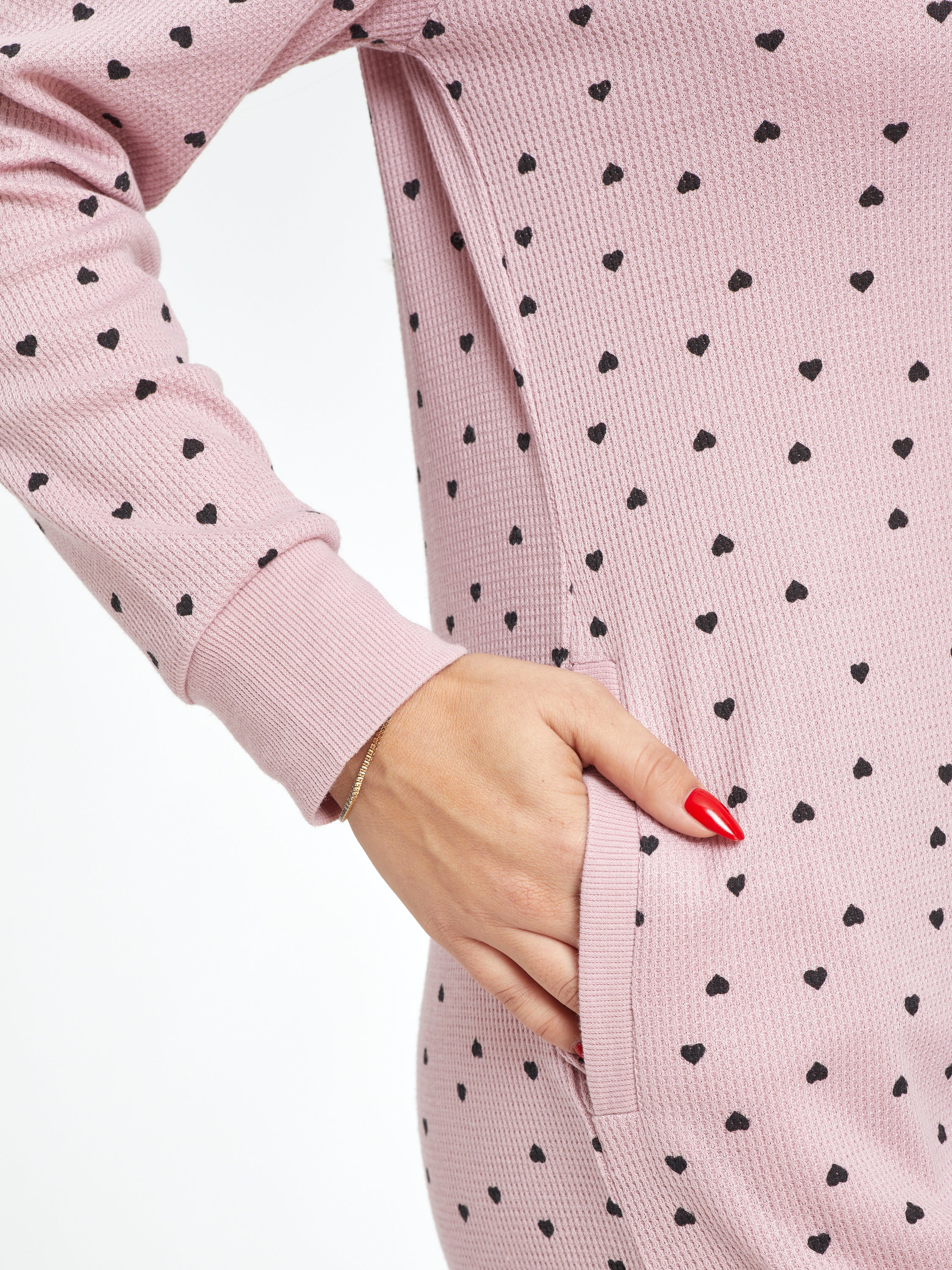 כותונת וופל הדפס לבבות - ורוד