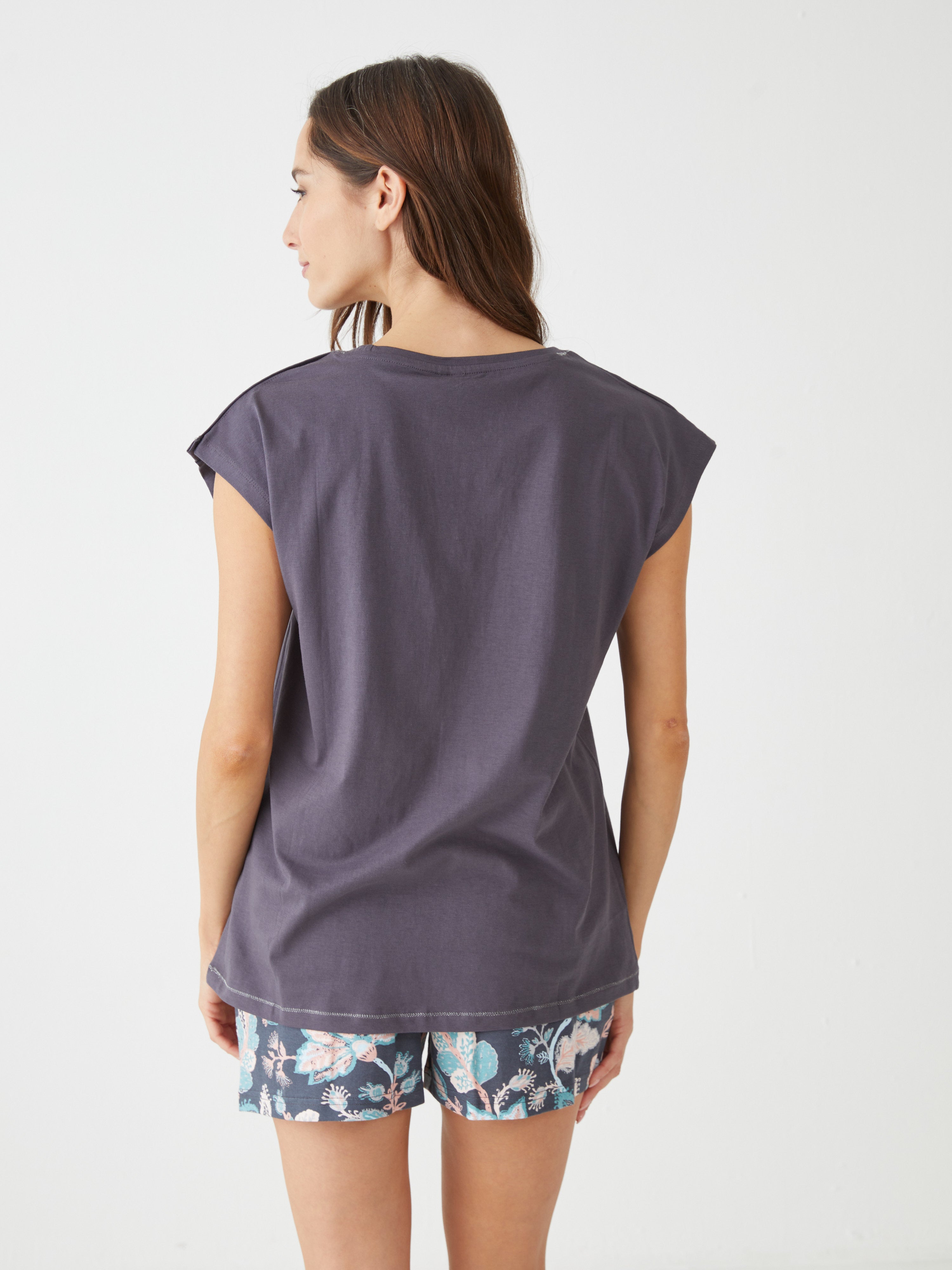 פיגמה קצרה כותנה- פרחים - אפור כהה