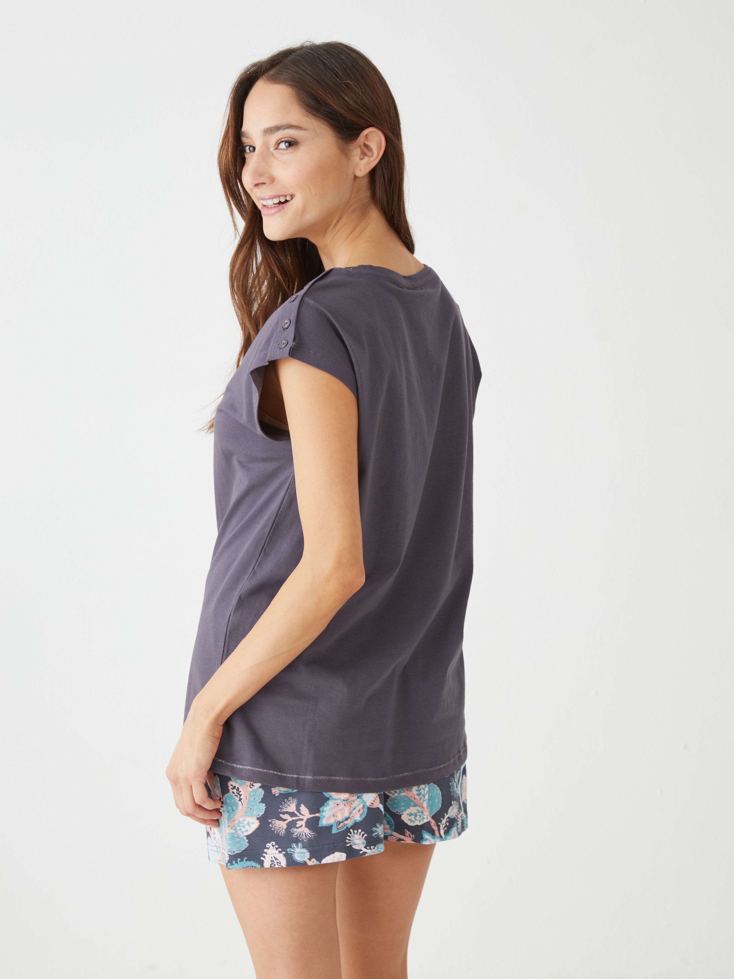 פיגמה קצרה כותנה- פרחים - אפור כהה