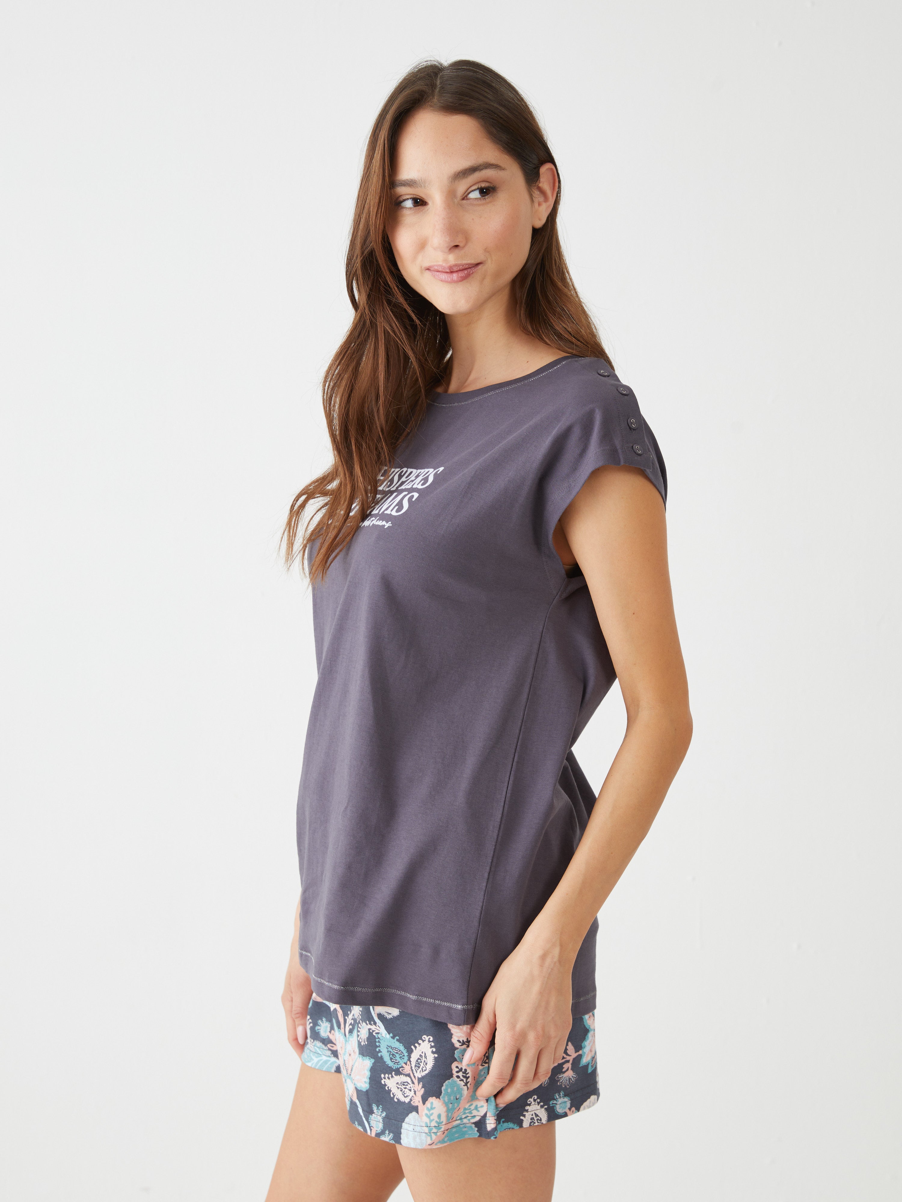 פיגמה קצרה כותנה- פרחים - אפור כהה