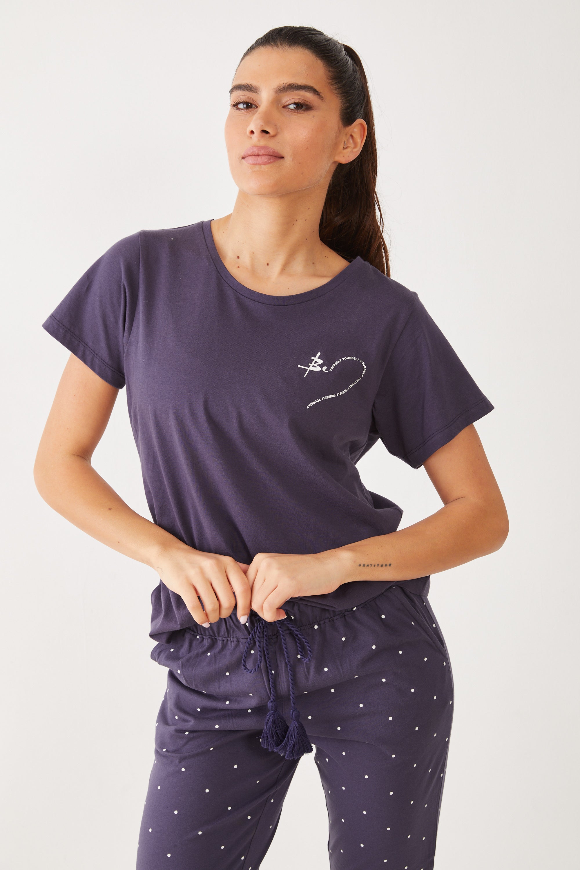 סט פיג'מה מכנס ארוך נקודות - כחול נייבי