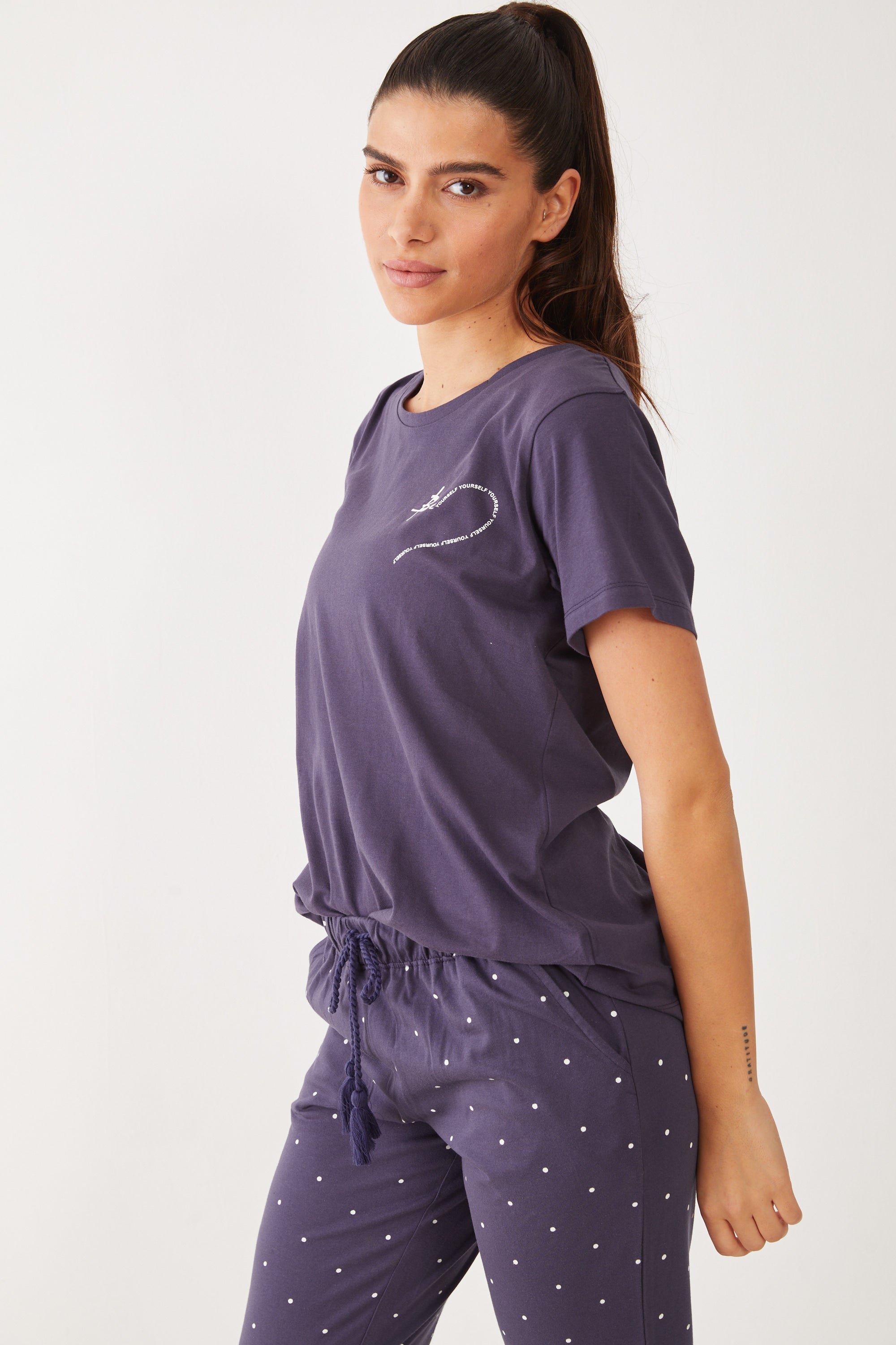 סט פיג'מה מכנס ארוך נקודות - כחול נייבי