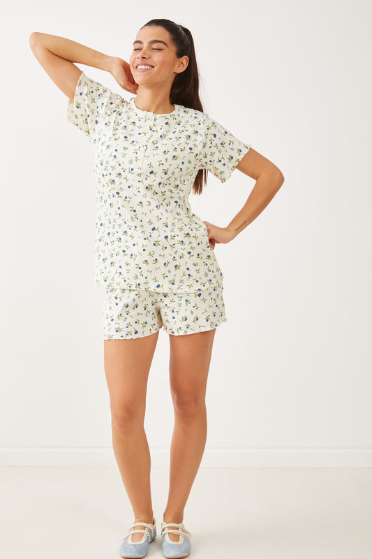 פיג'מה קצרה ריב עלים - שמנת