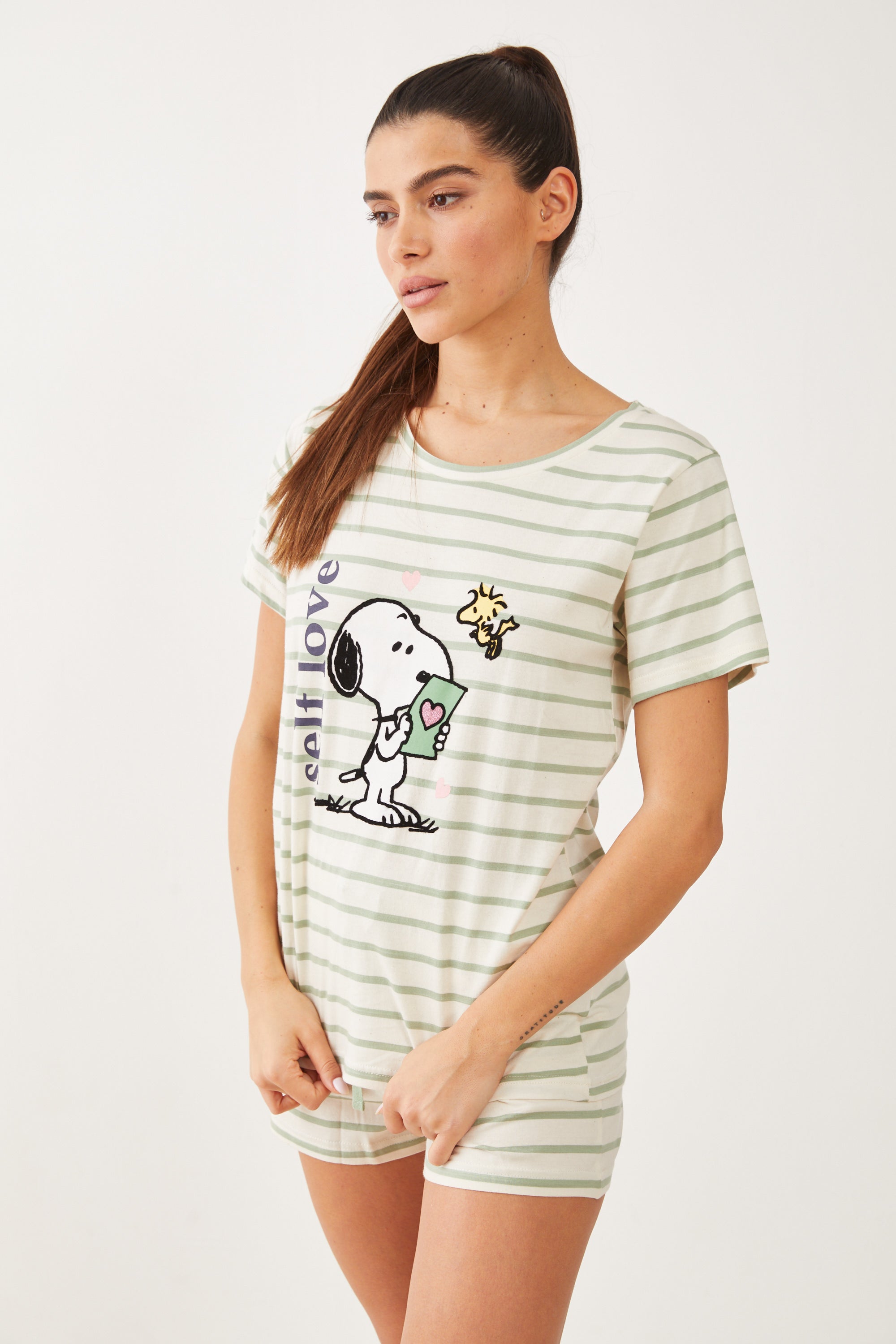 פיג'מה קצרה כותנה סנופי פסים - ירוק