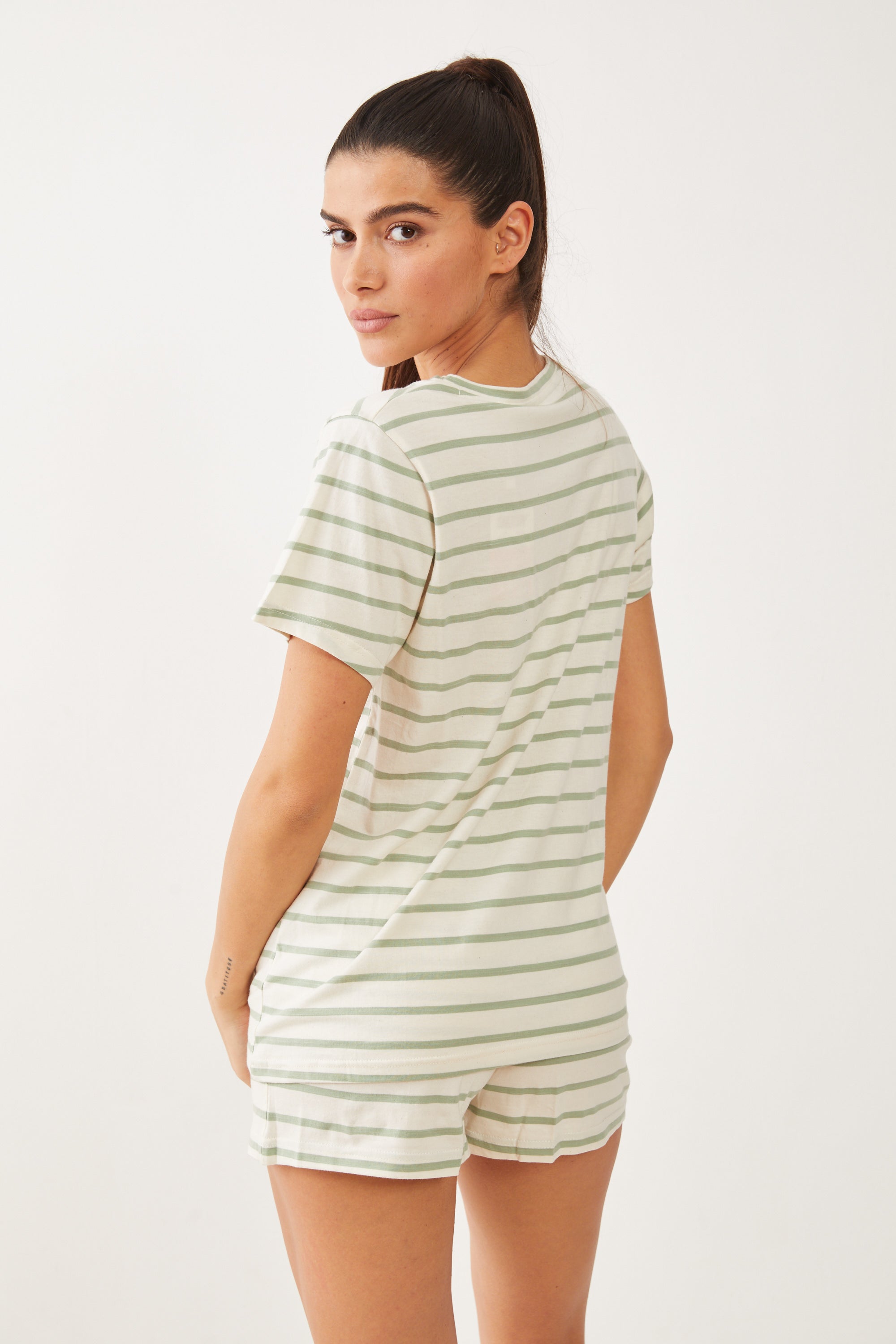 פיג'מה קצרה כותנה סנופי פסים - ירוק