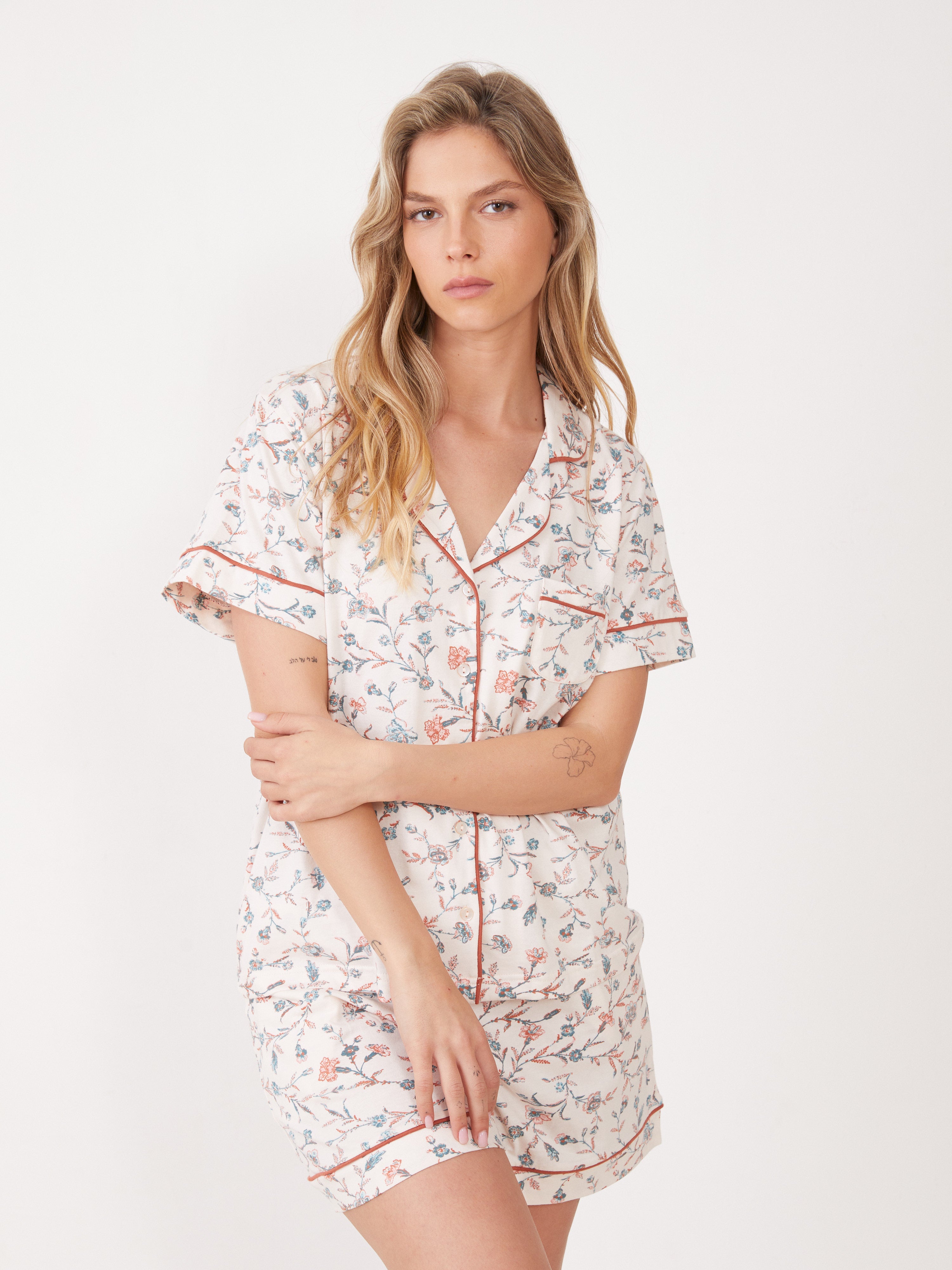 פיג'מה מכופתרת מ.קצר טהבד- שמנת