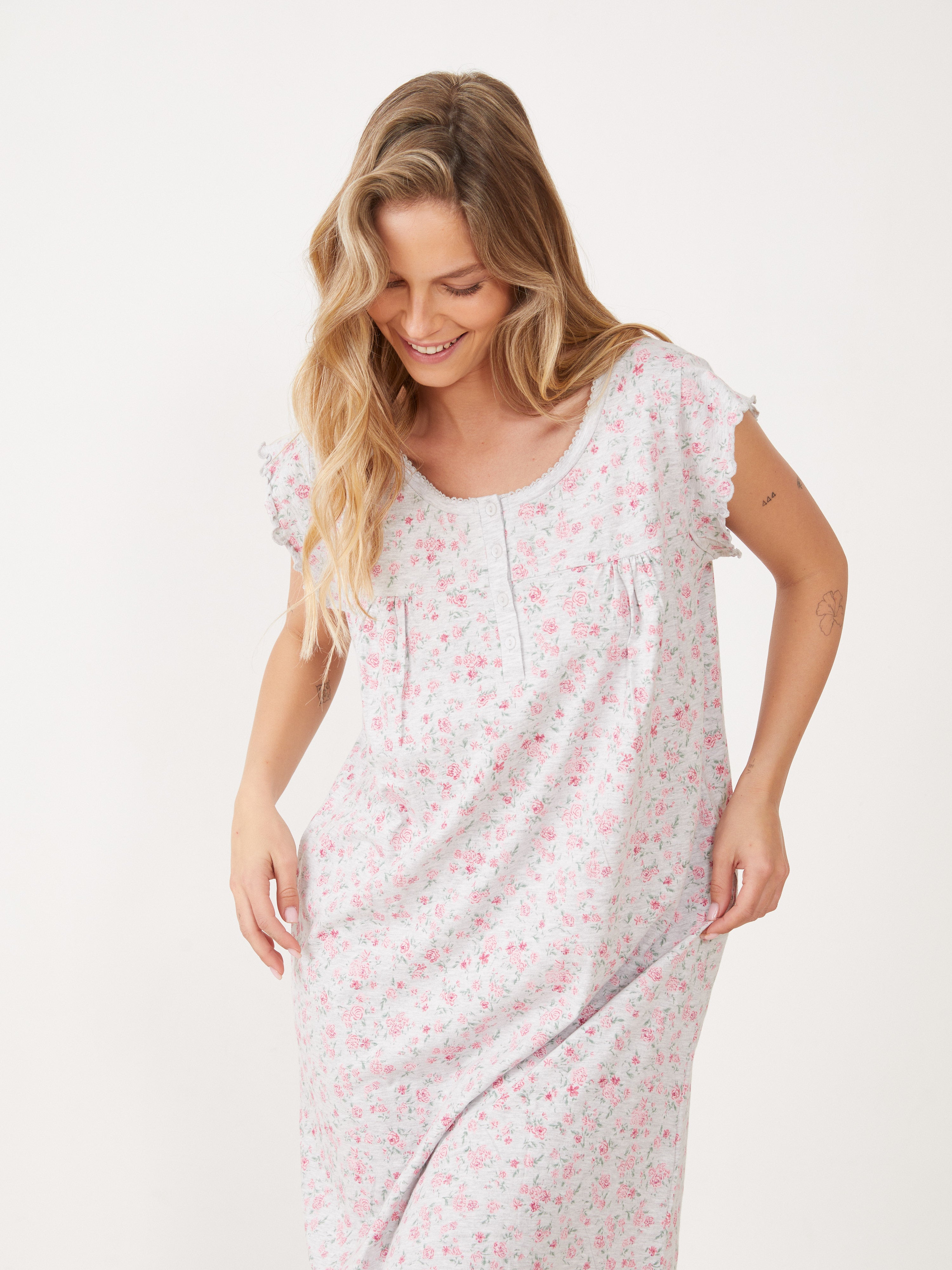 כותונת טהבד פרחונית - אפור מלאנז