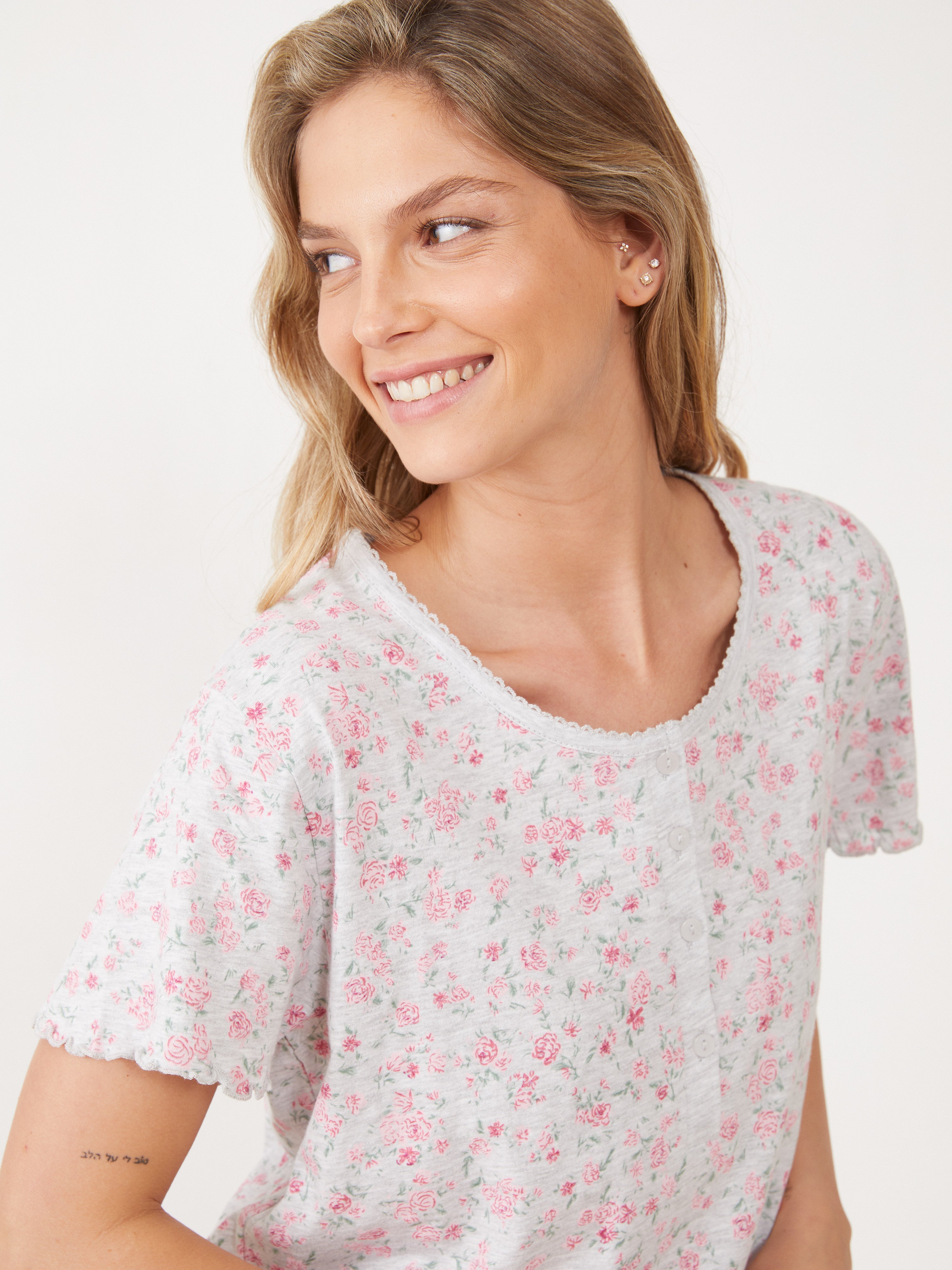 פיגמה פרחונית מכנס 3/4 טהבד - אפור מלאנז