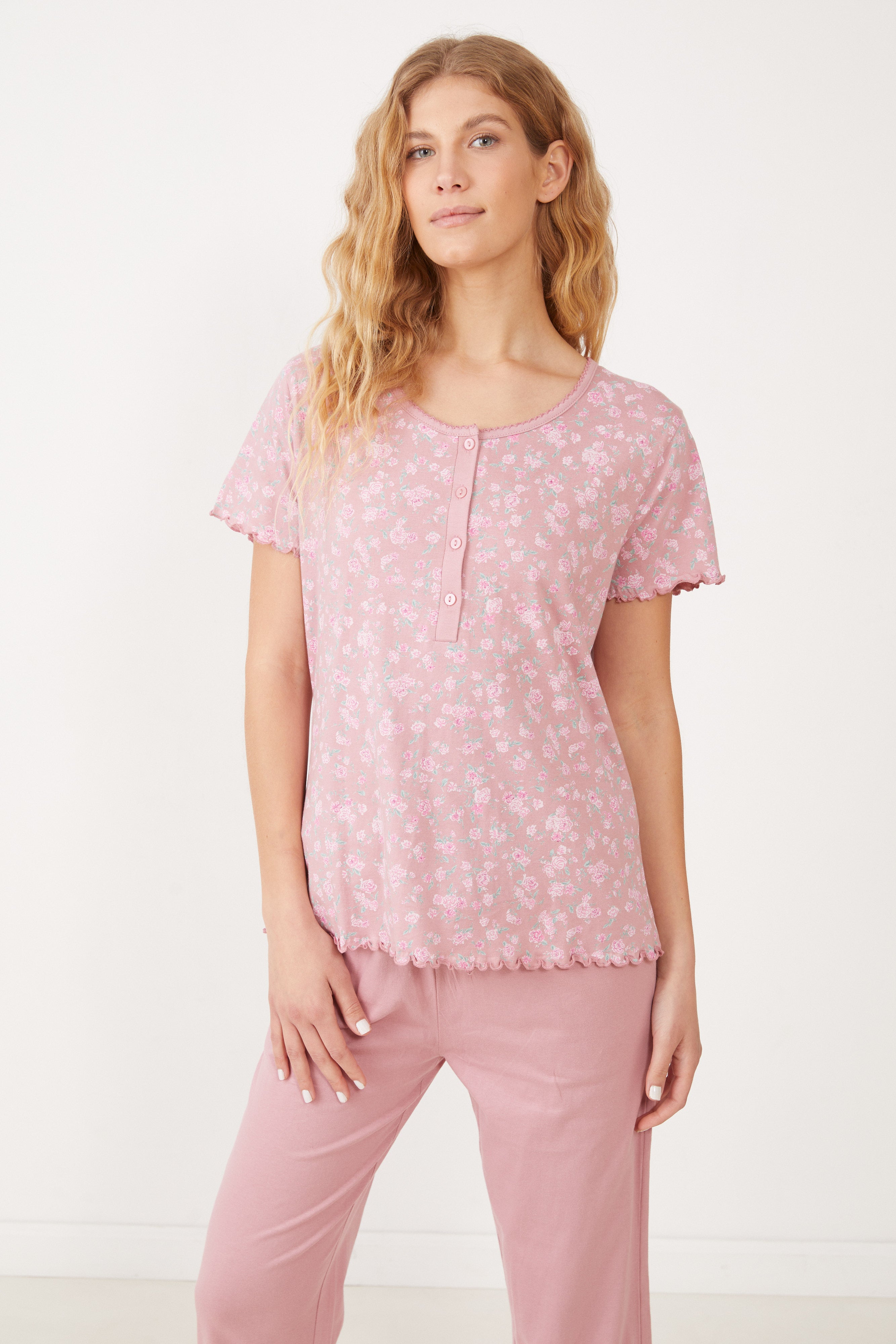 פיגמה פרחונית מכנס 3/4 טהבד - ורוד מעושן