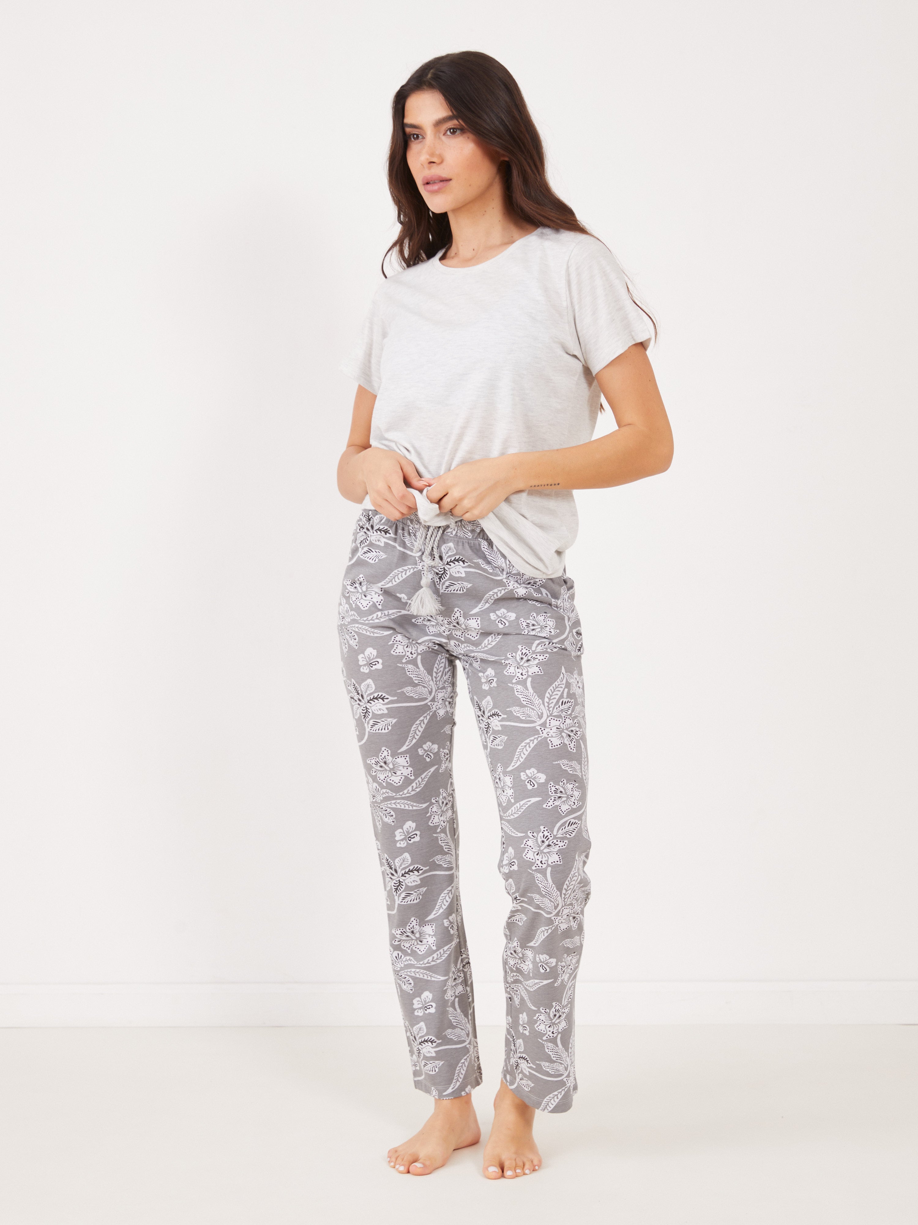 פיג'מה כותנה מכנס ארוך פרחים גדולים - אפור מלאנז