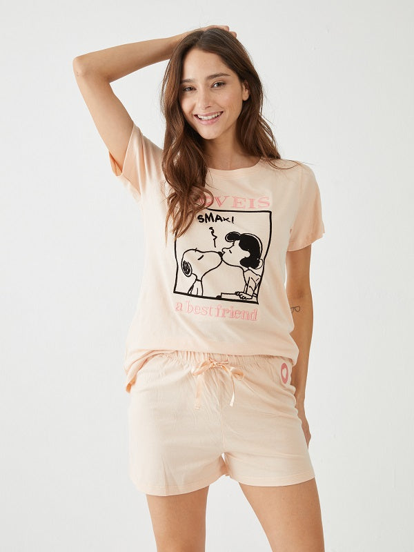 פיג'מה כותנה מכנס קצר סנופי  - אפרסק