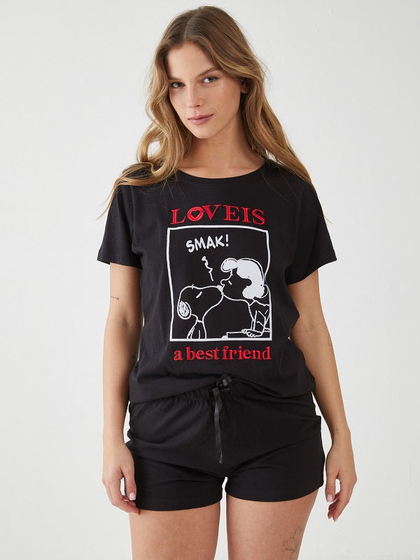 פיג'מה כותנה מכנס קצר סנופי  - שחור