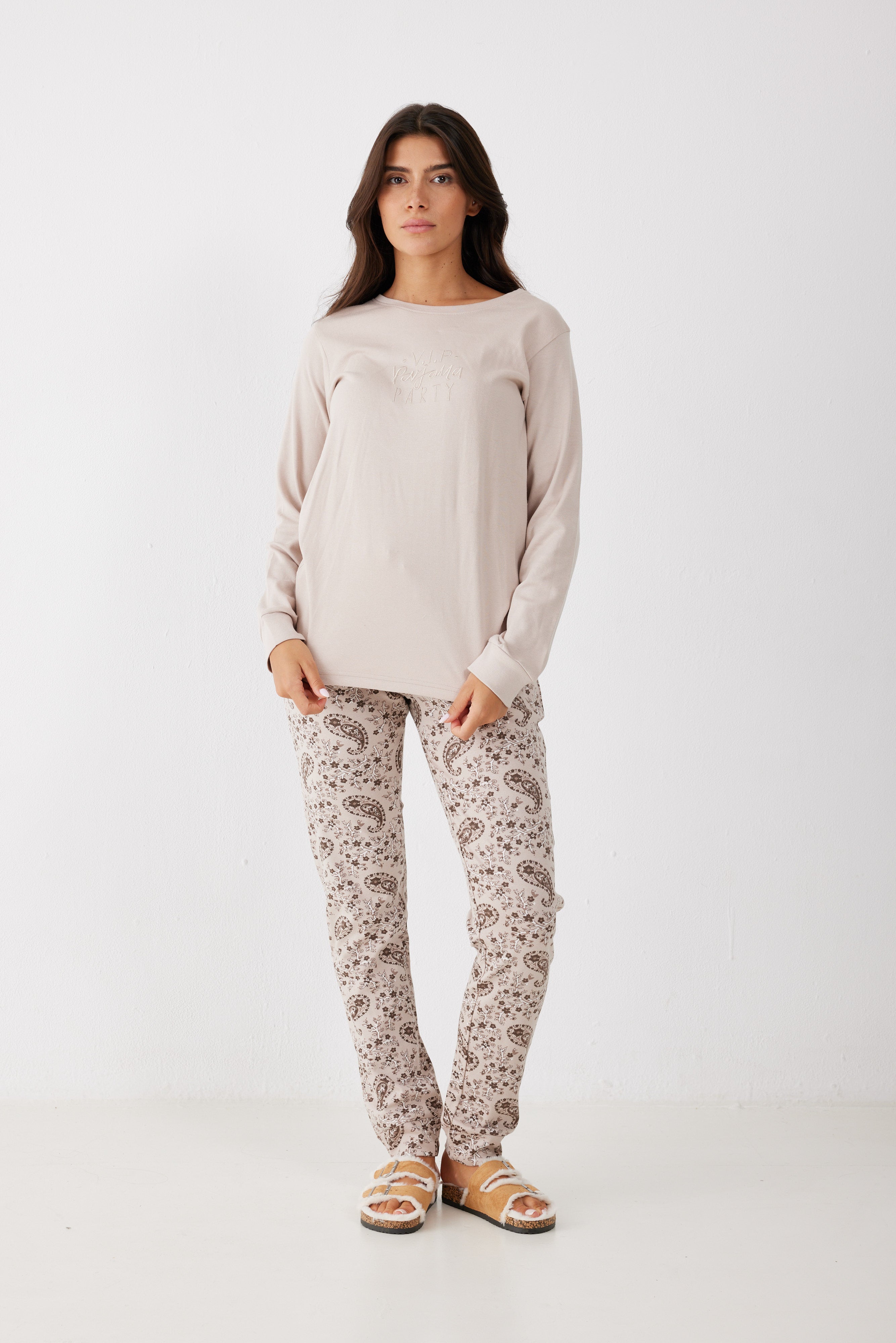 פיג'מה 100% כותנה - צבע חול