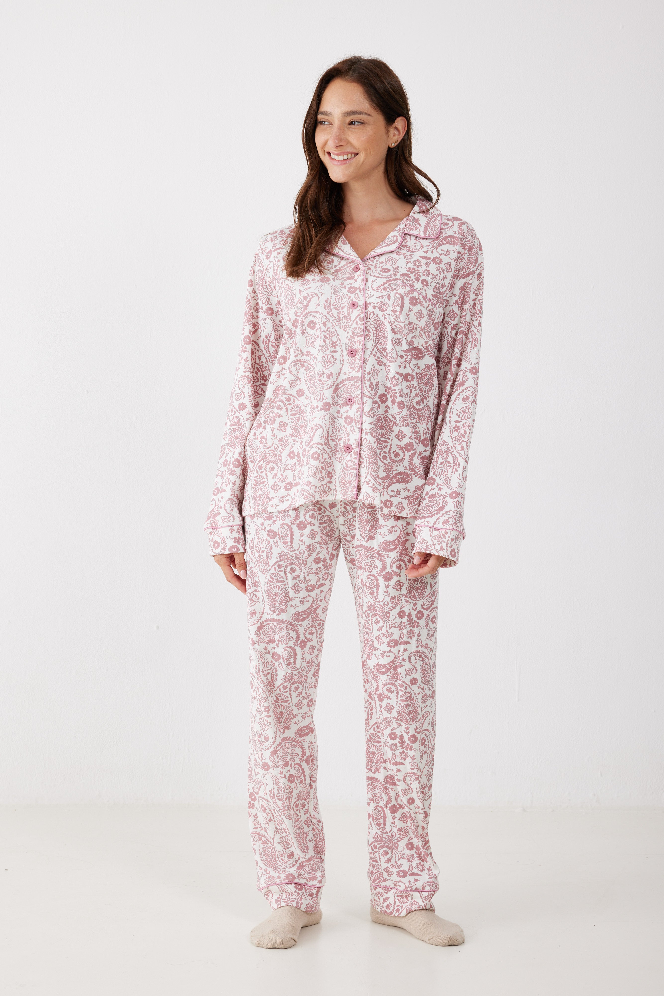 פיג'מה אינטרלוק מכופתרת - ורוד מעושן