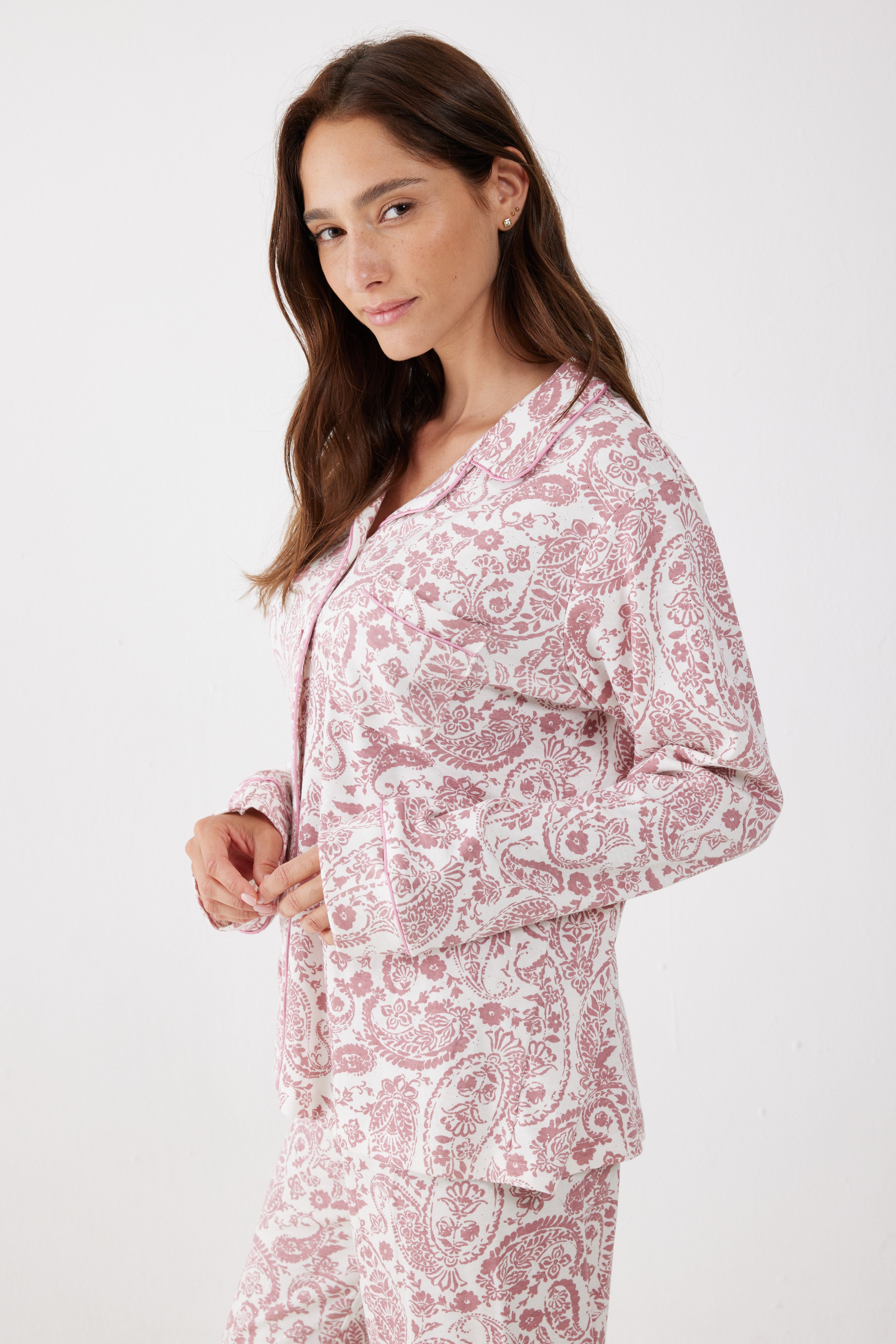 פיג'מה אינטרלוק מכופתרת - ורוד מעושן