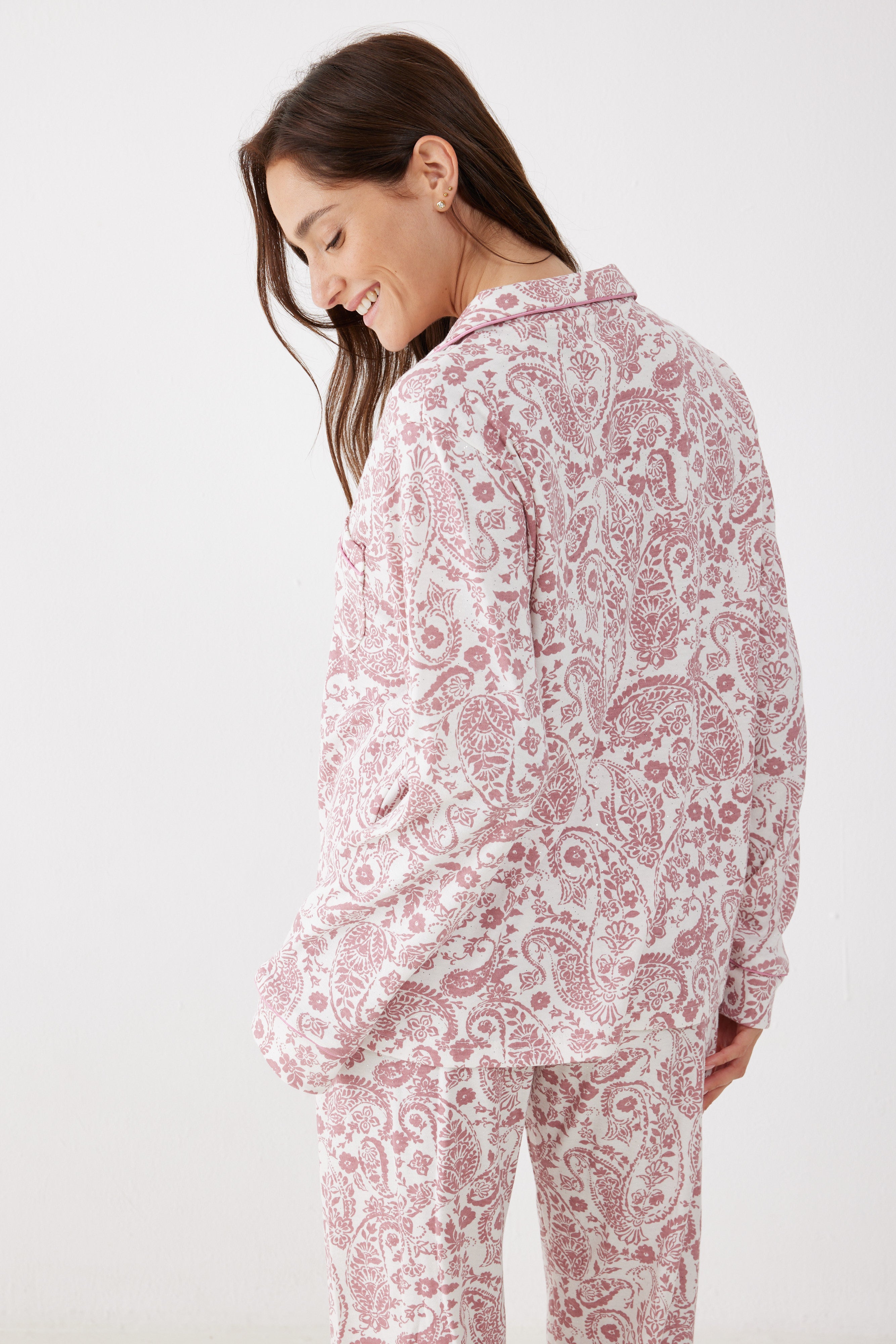 פיג'מה אינטרלוק מכופתרת - ורוד מעושן