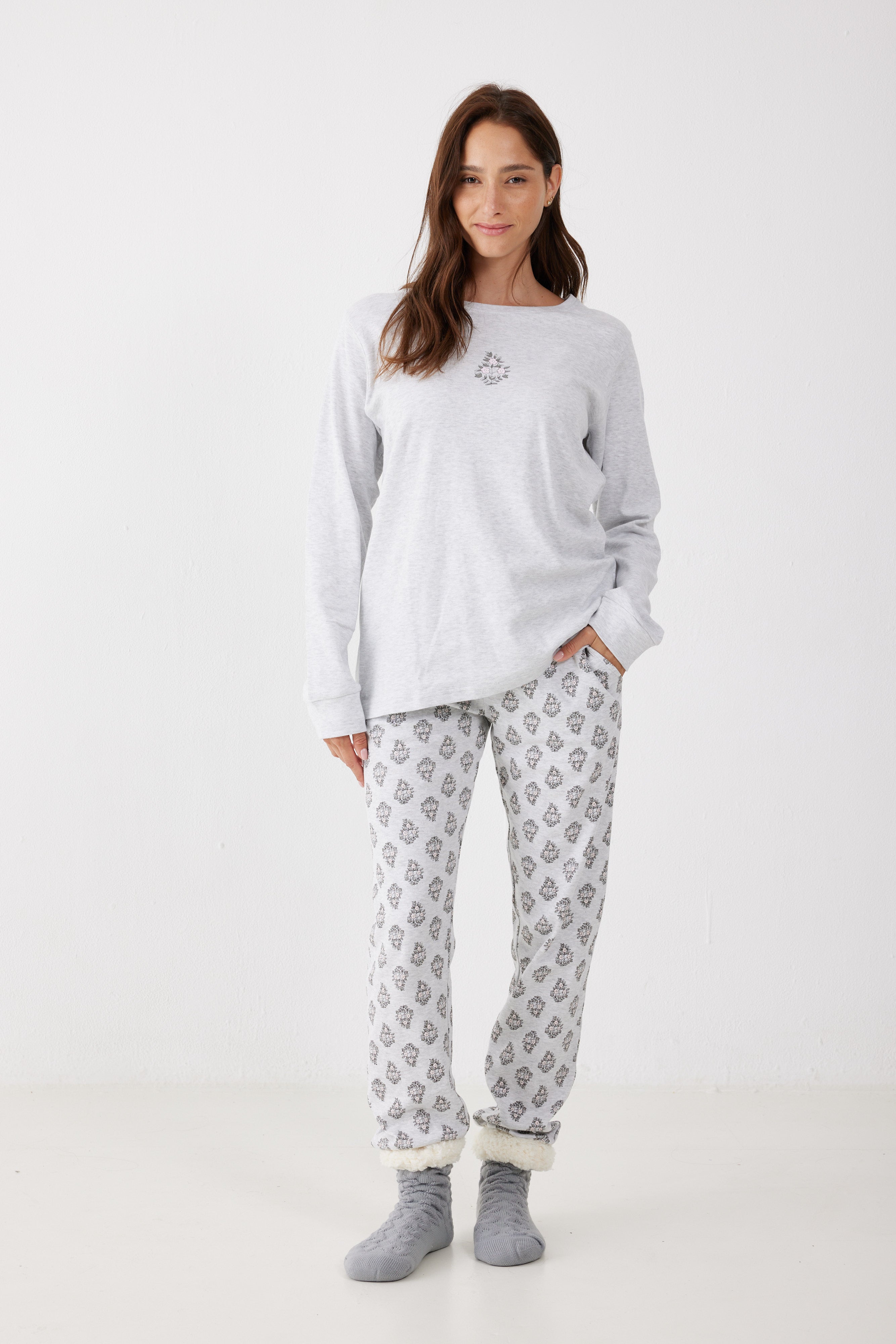 פיג'מה 100% כותנה - אפור מלאנז