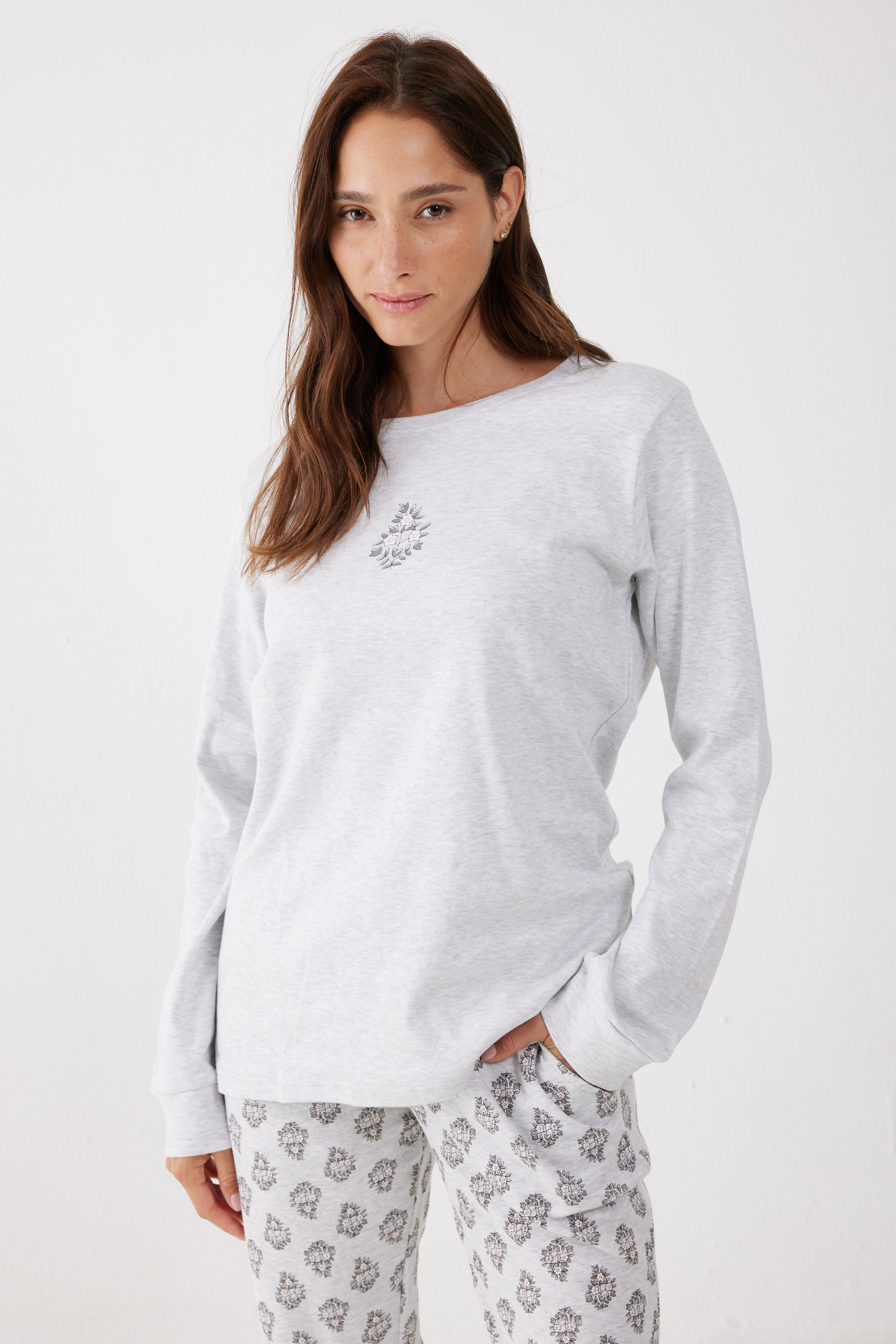 פיג'מה 100% כותנה - אפור מלאנז